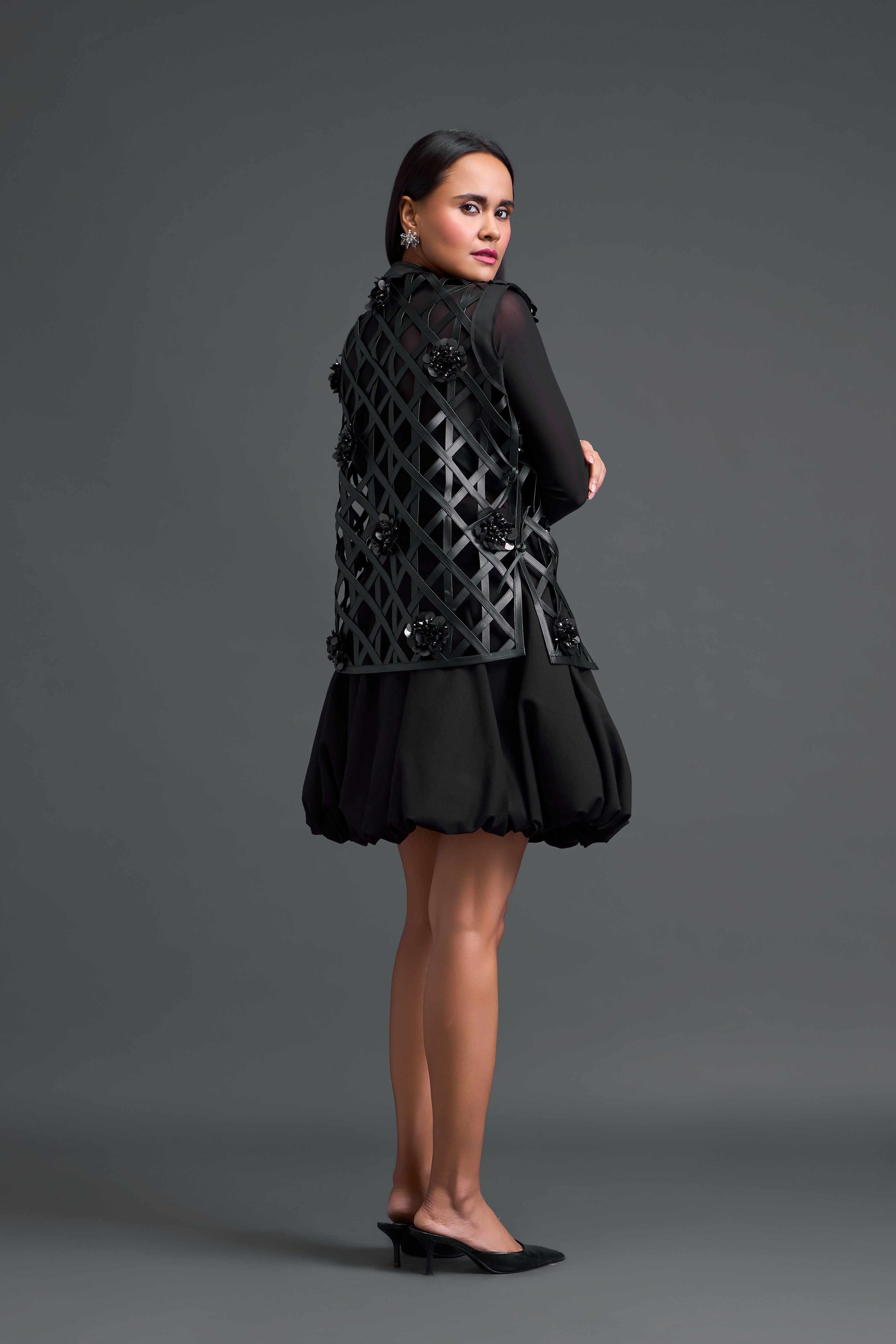 Black Leather Lattice Bubble Skirt Set