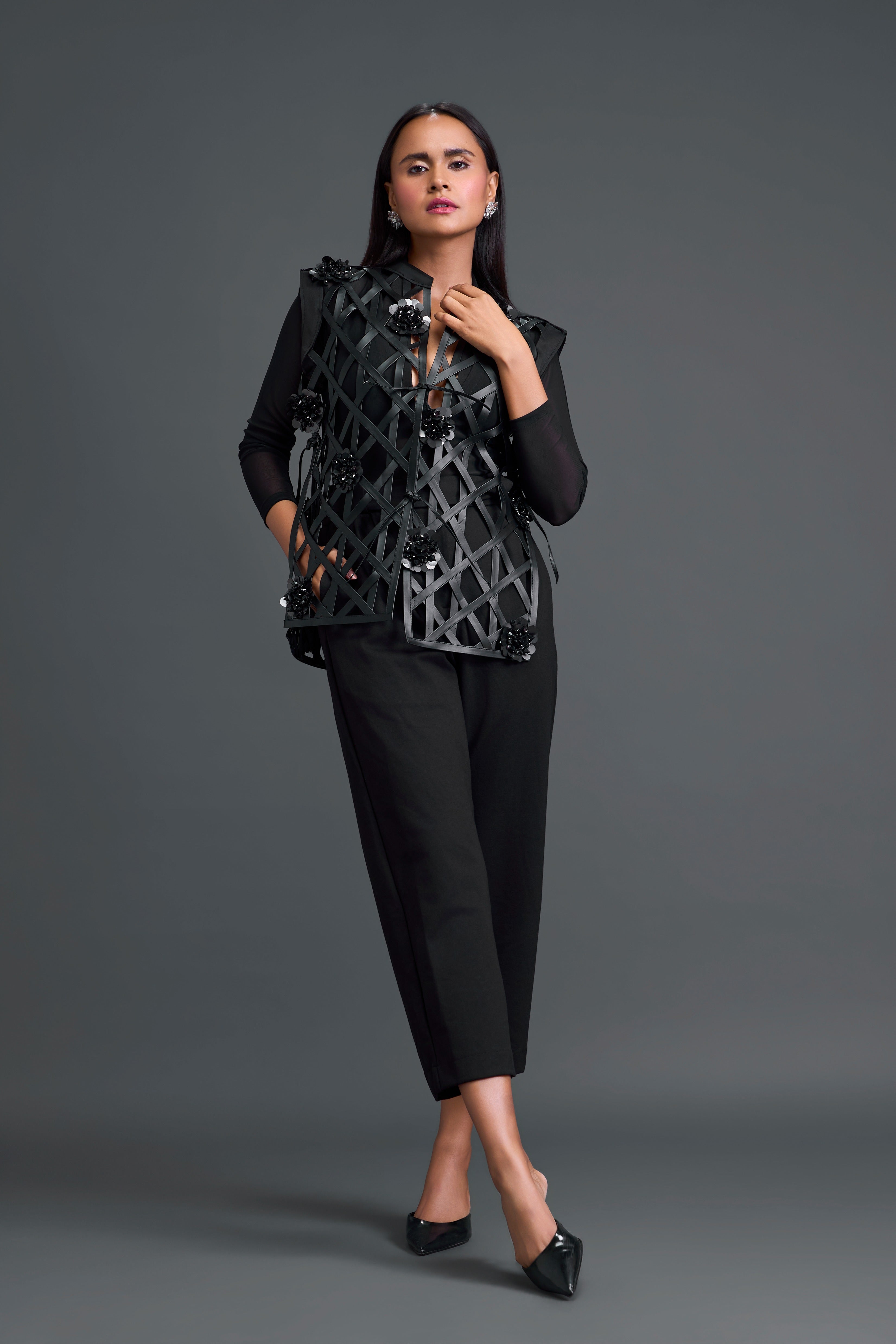 Black Leather Lattice Tailored Pants Set