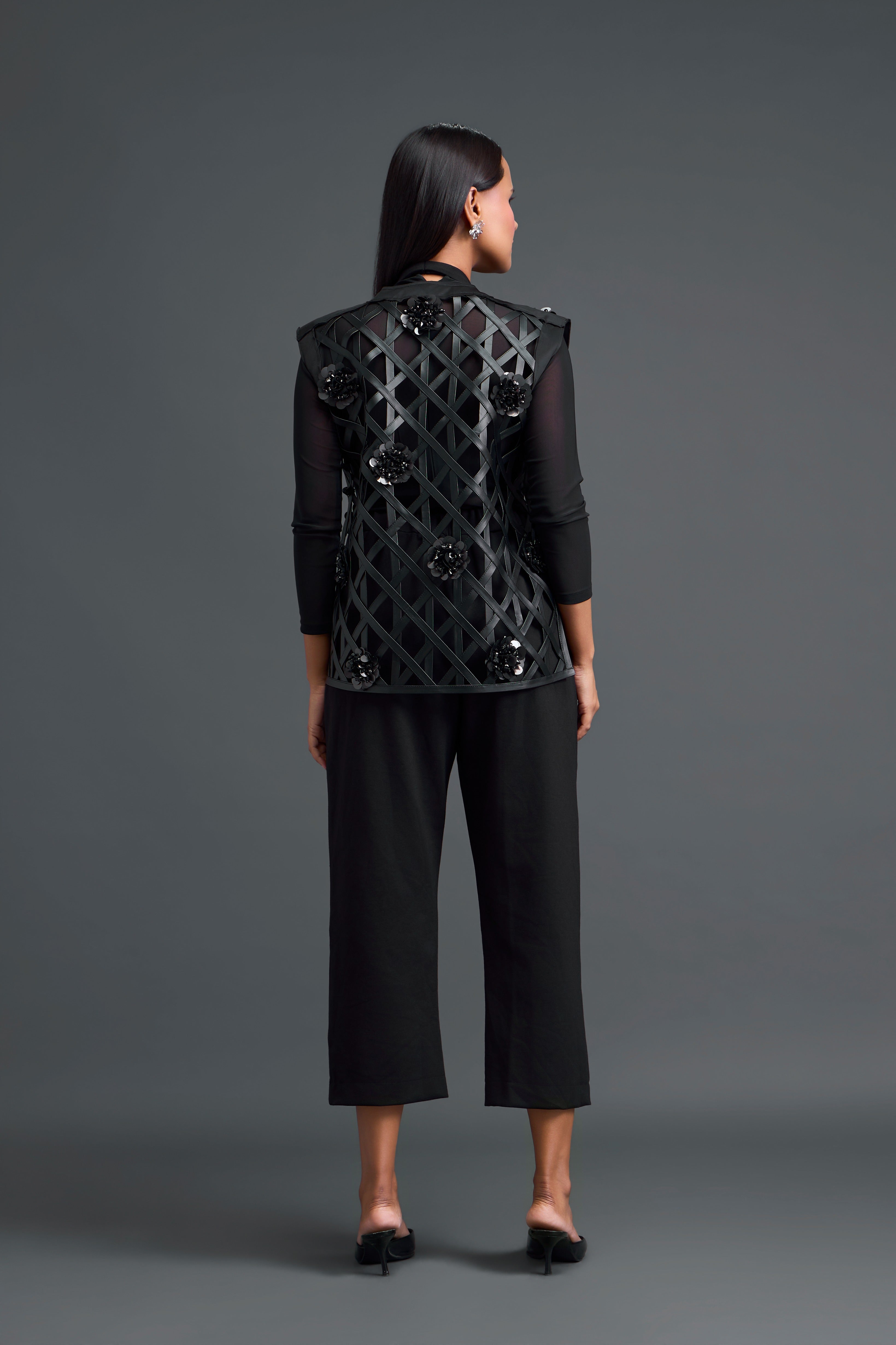 Black Leather Lattice Tailored Pants Set