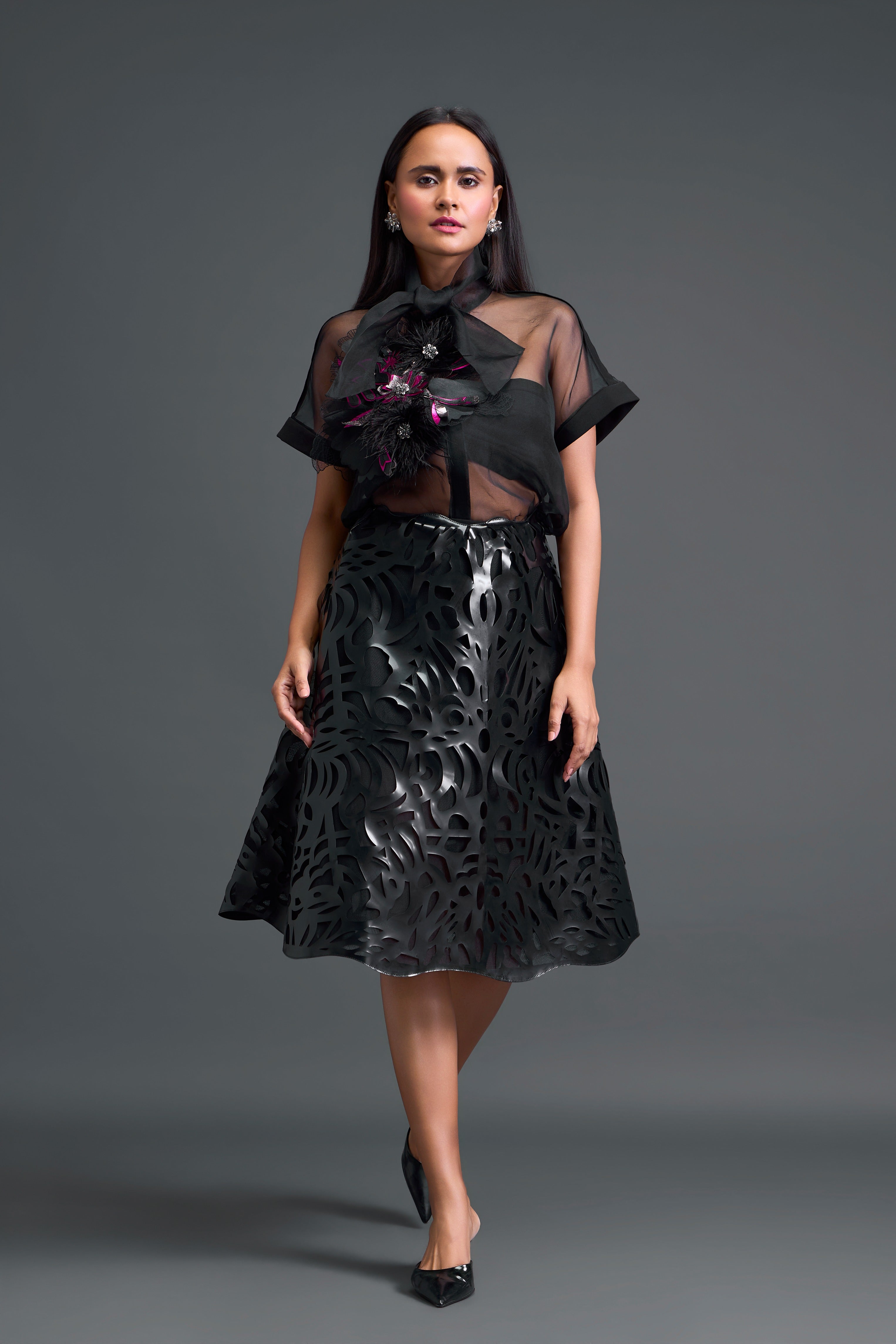 Black Twisted Bustier & Laser-Cut Skirt Set
