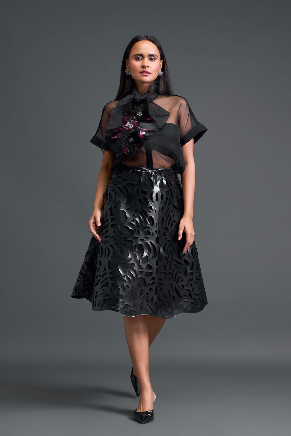Glossy Laser-Cut A-Line Skirt