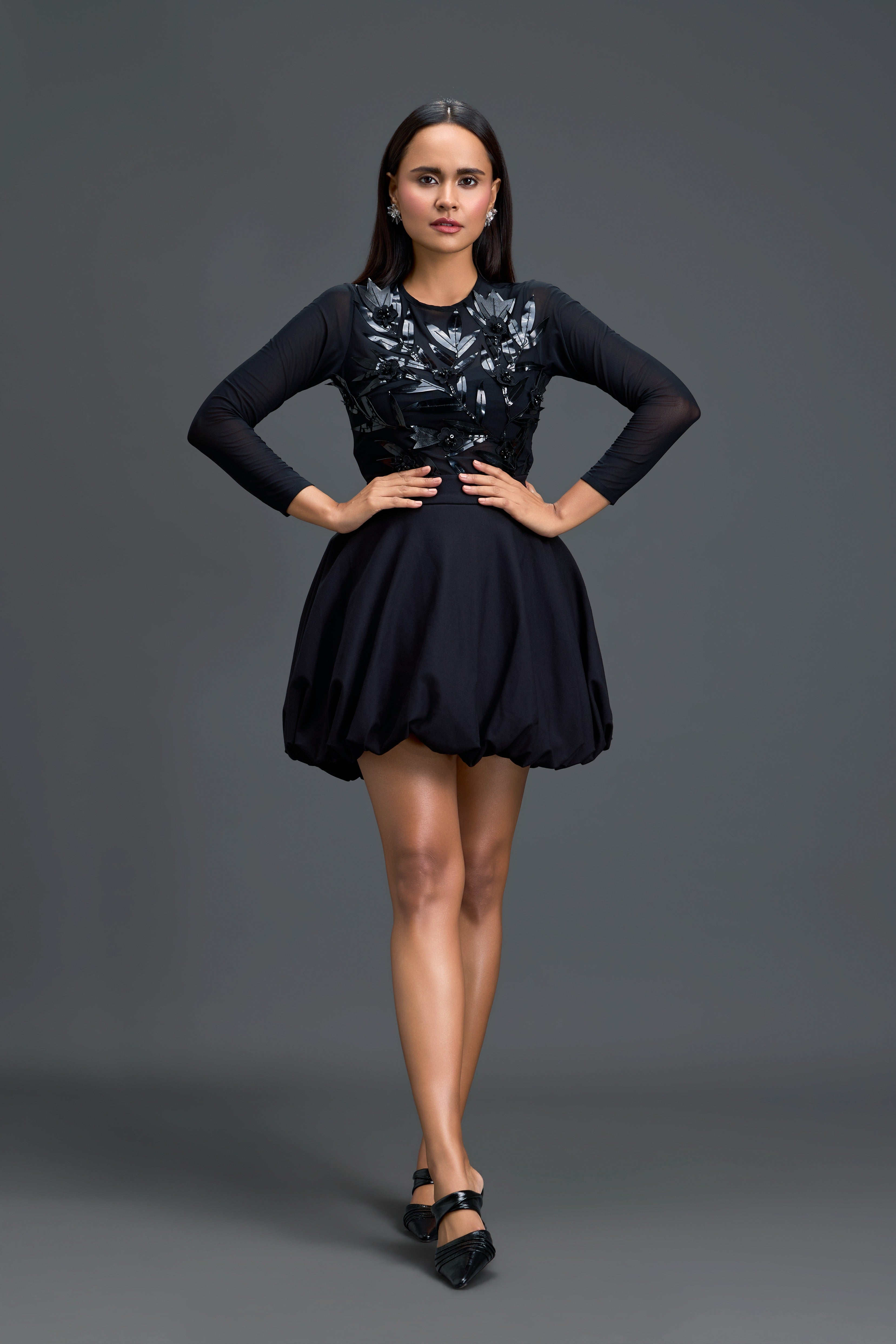 Black Leaf Mesh Top & Bubble Skirt