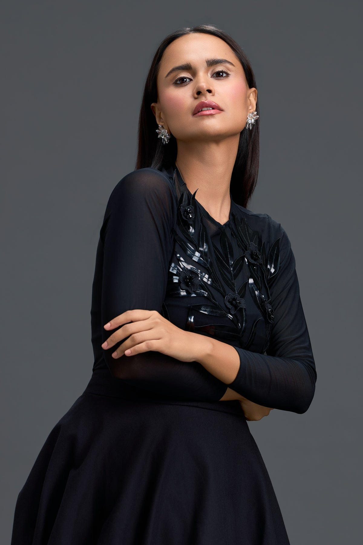 Black Leaf Mesh Top