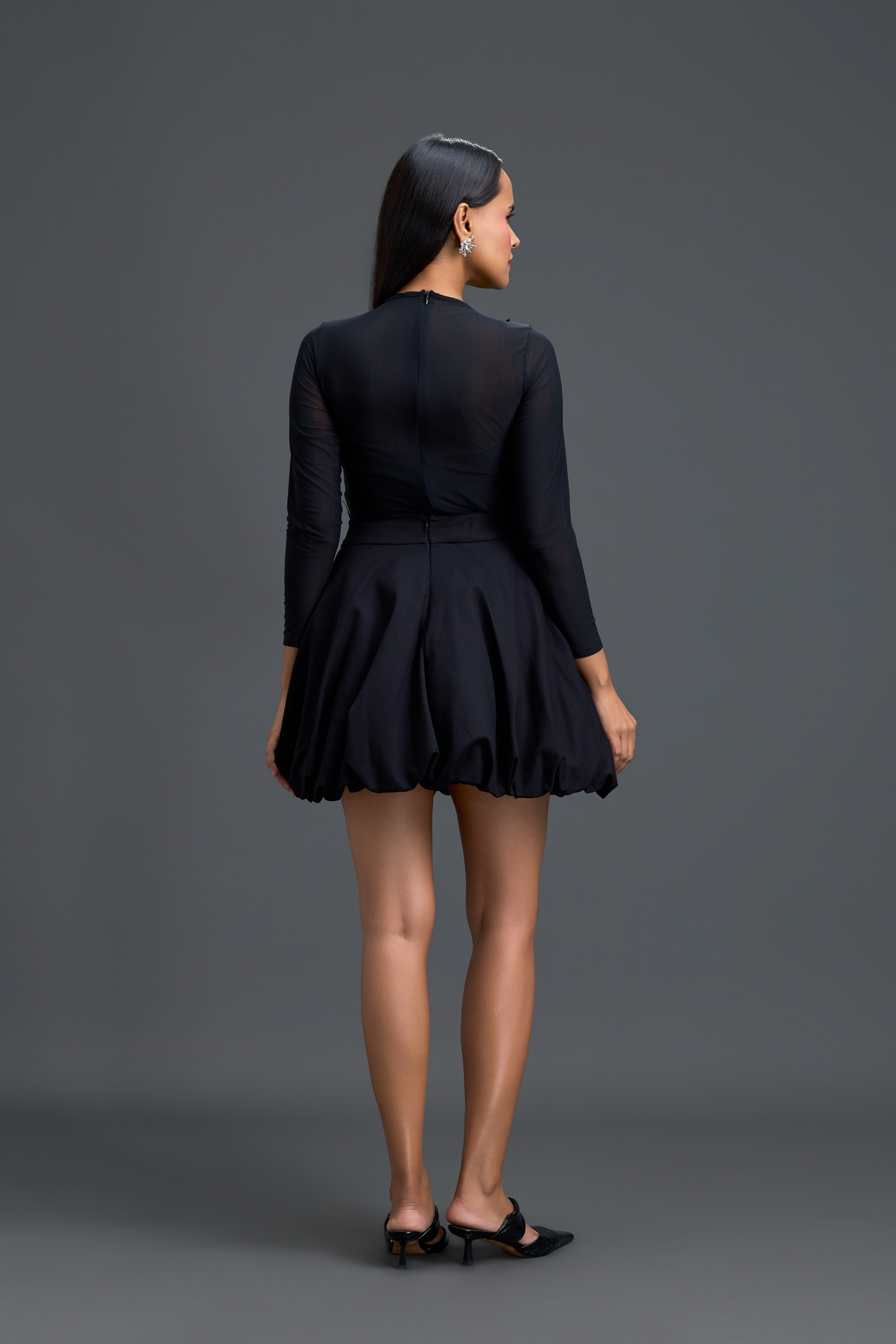 Black Leaf Mesh Top & Bubble Skirt