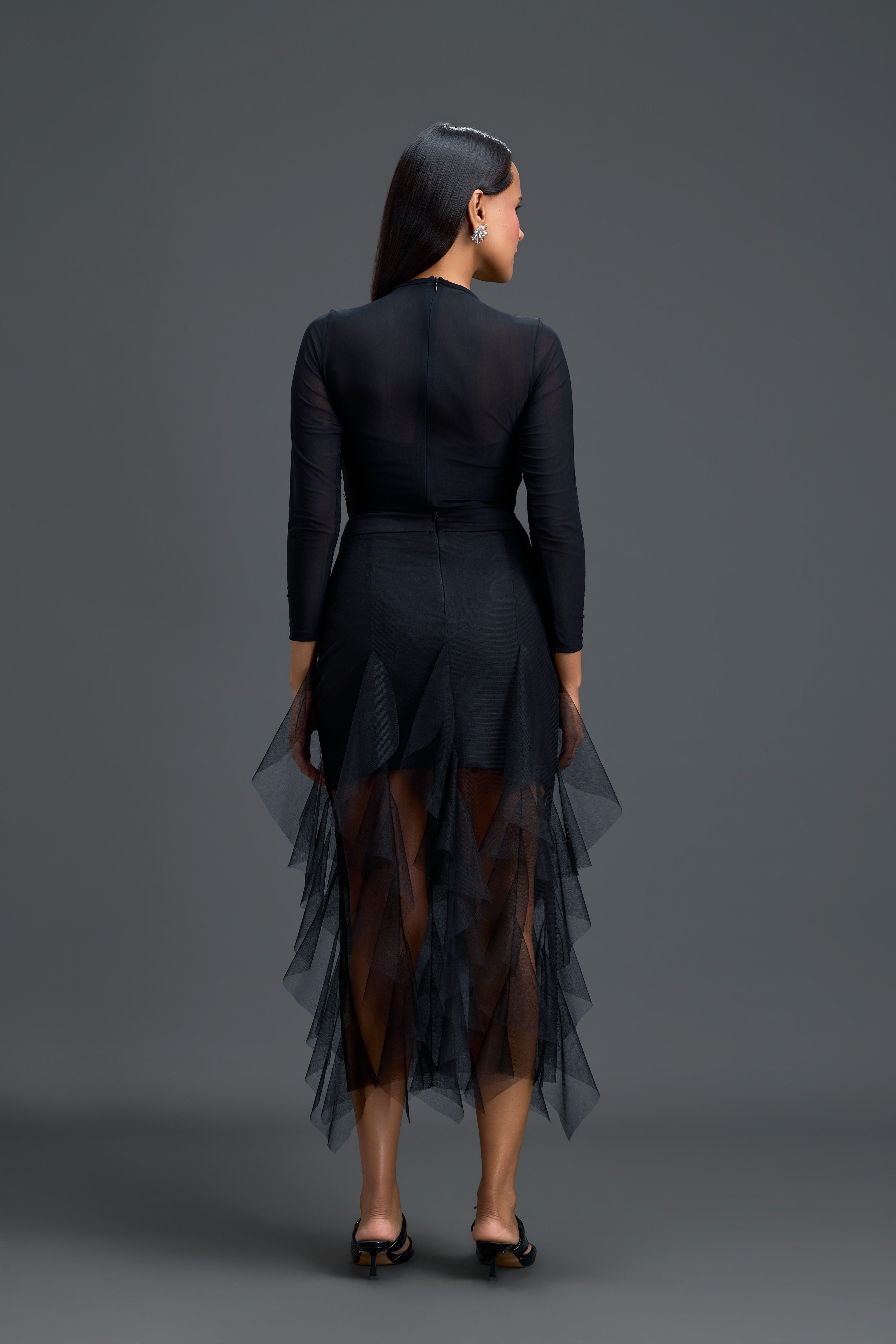 Black Leaf Mesh Top & High-Low Tulle Skirt