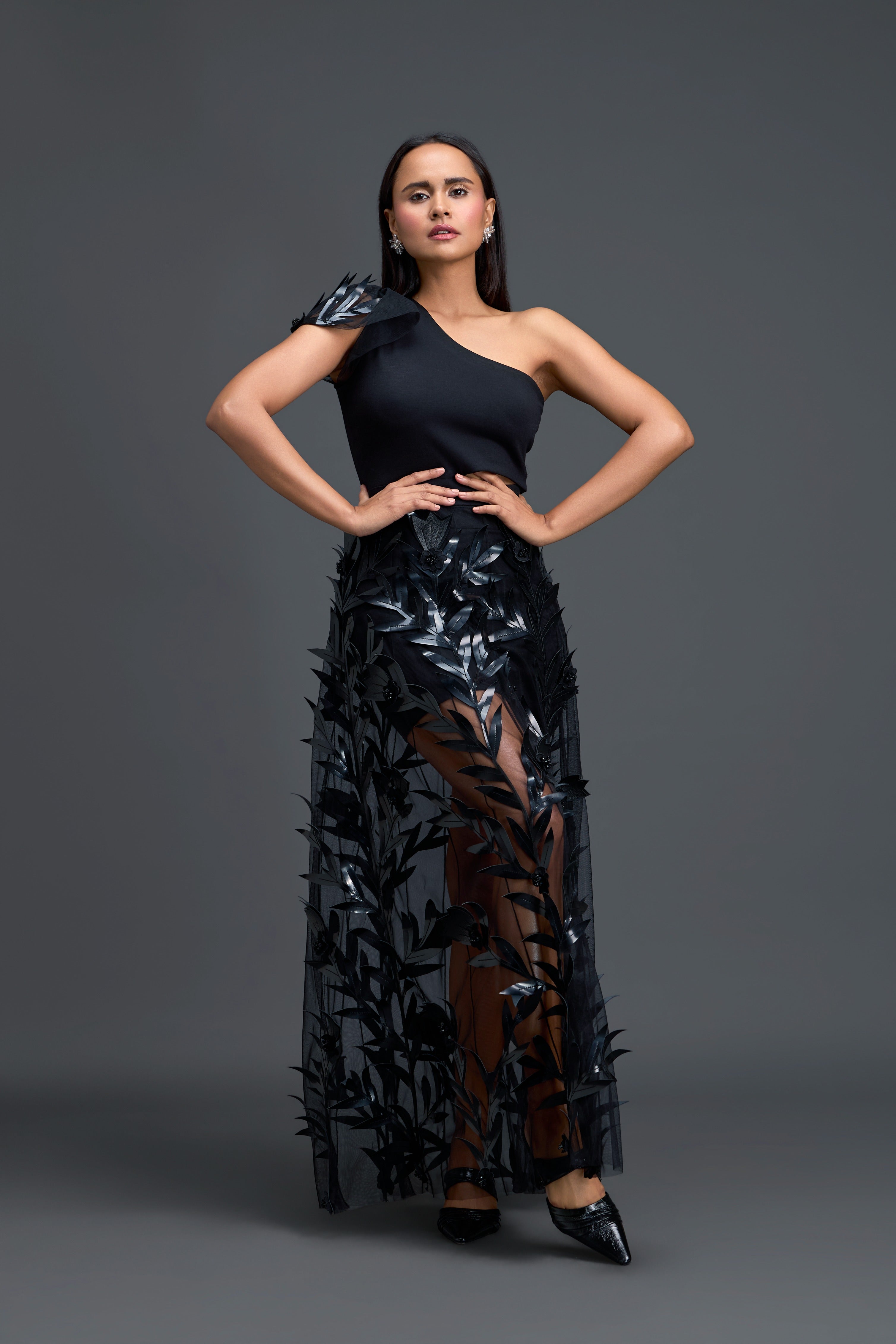 Black One-Shoulder Leaf Embroidered Dress