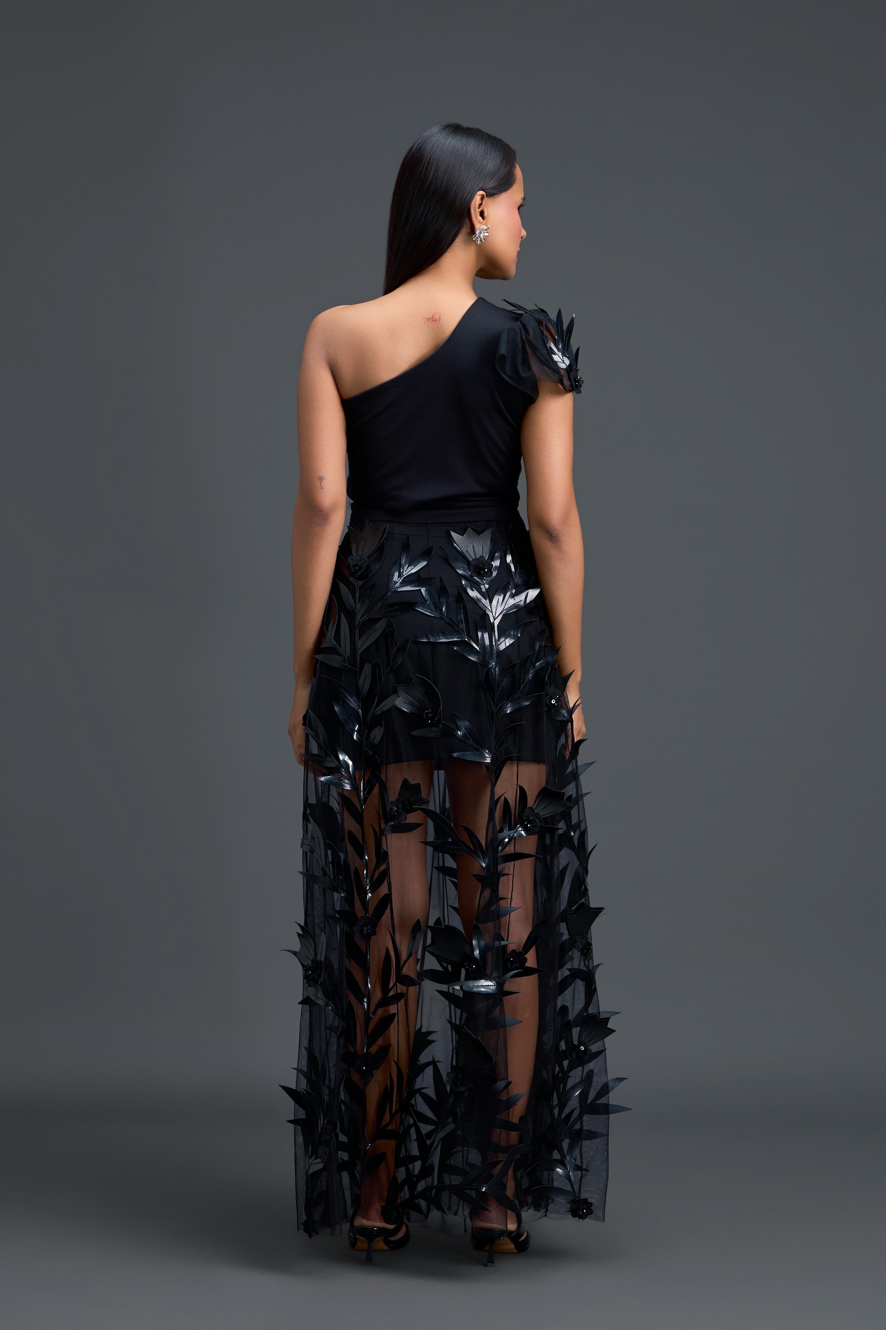 Black One-Shoulder Leaf Embroidered Dress