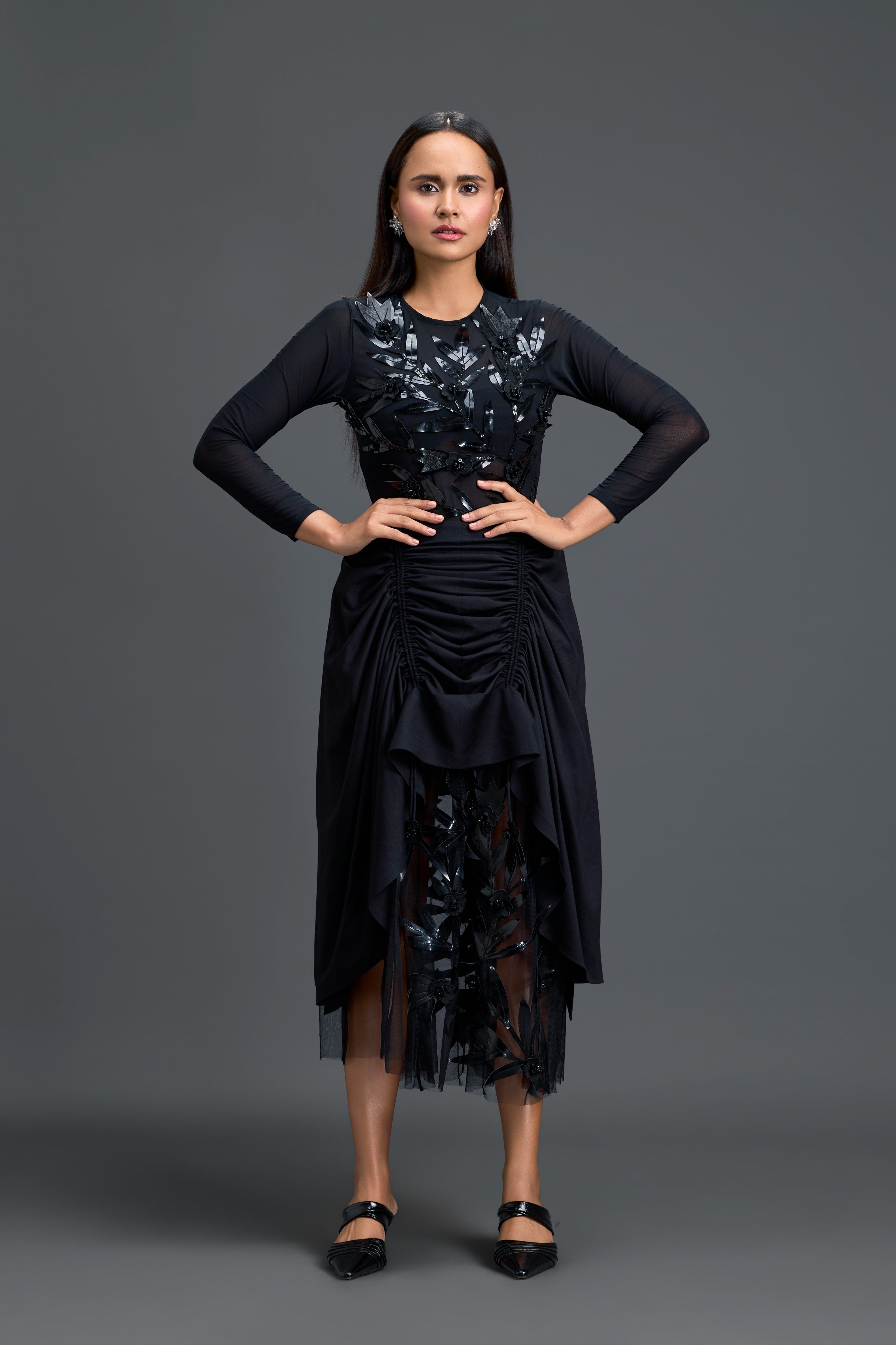 Black Leaf Mesh Top & Asymmetric Tulle Skirt