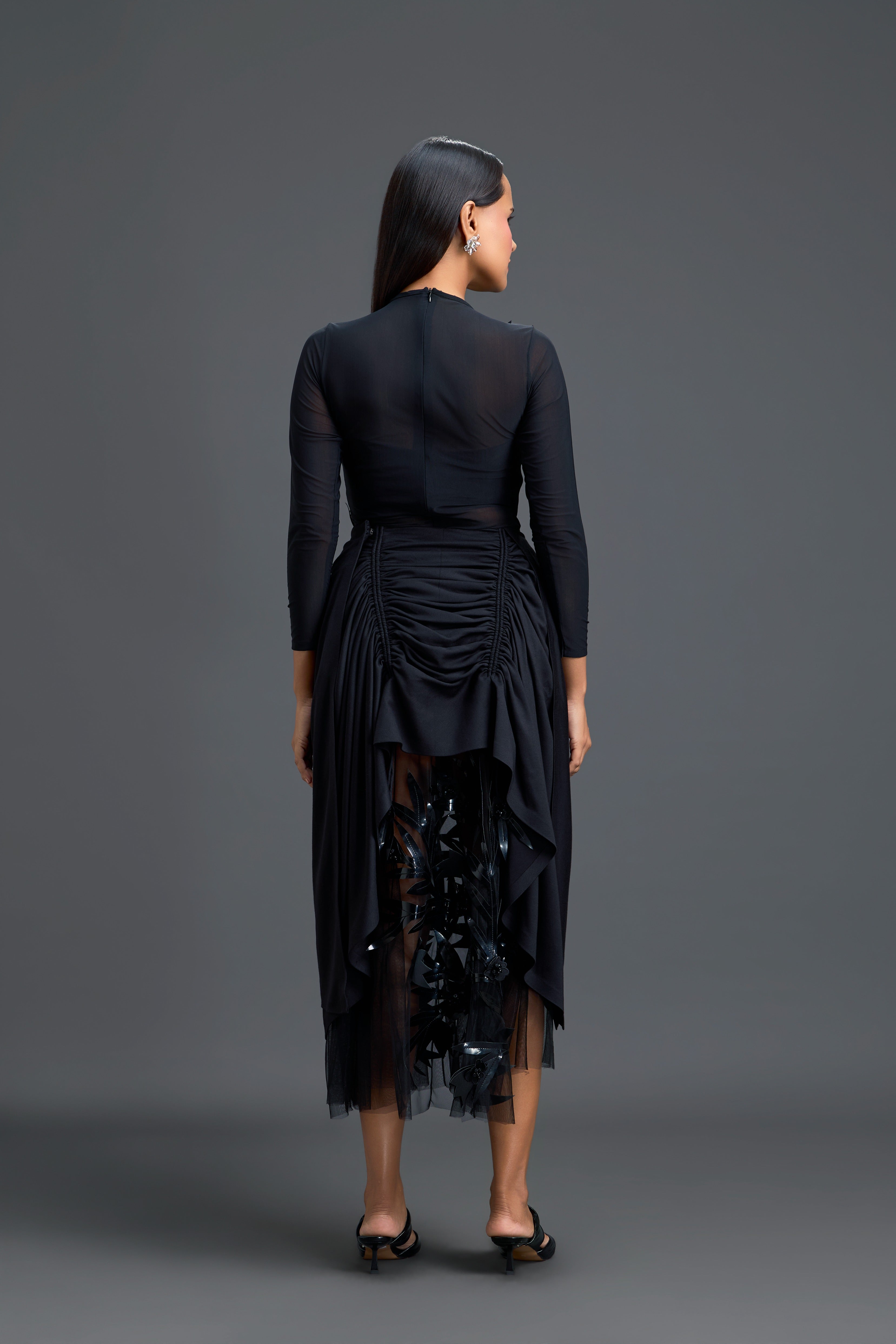 Black Leaf Mesh Top & Asymmetric Tulle Skirt