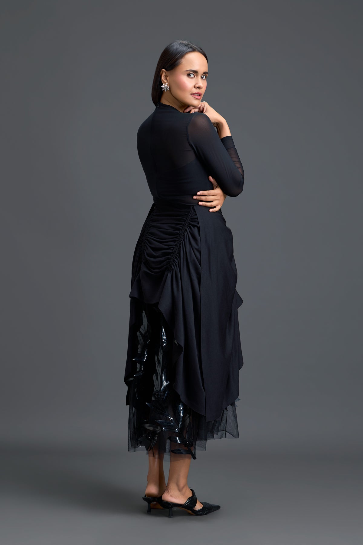 Ruched Asymmetric Tulle Skirt