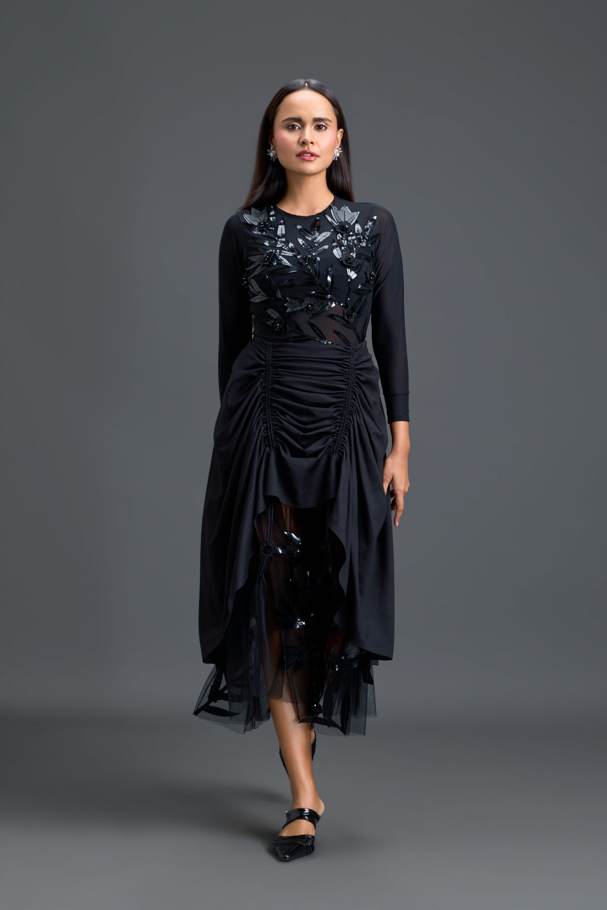 Ruched Asymmetric Tulle Skirt