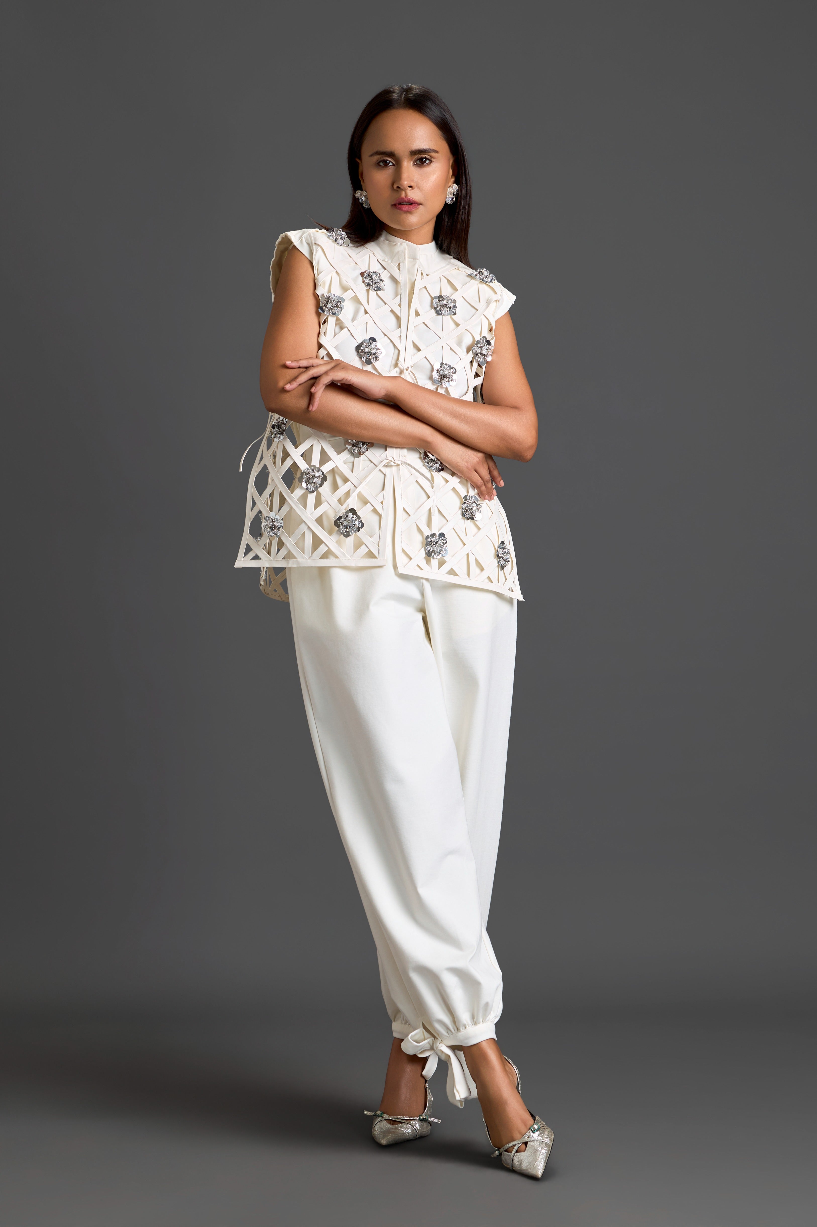White Lattice Floral Vest & Tapered Pants
