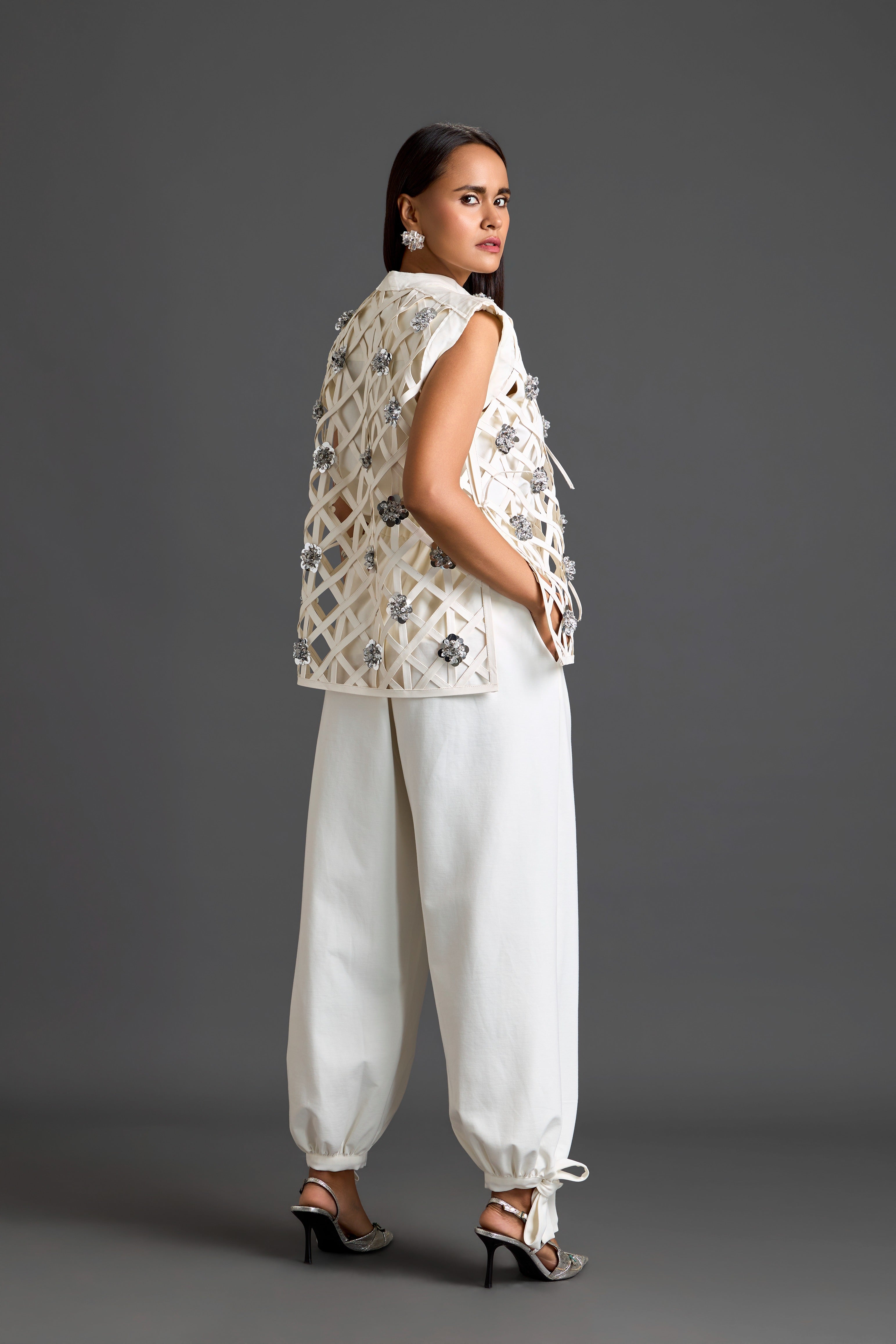 White Lattice Floral Vest & Tapered Pants
