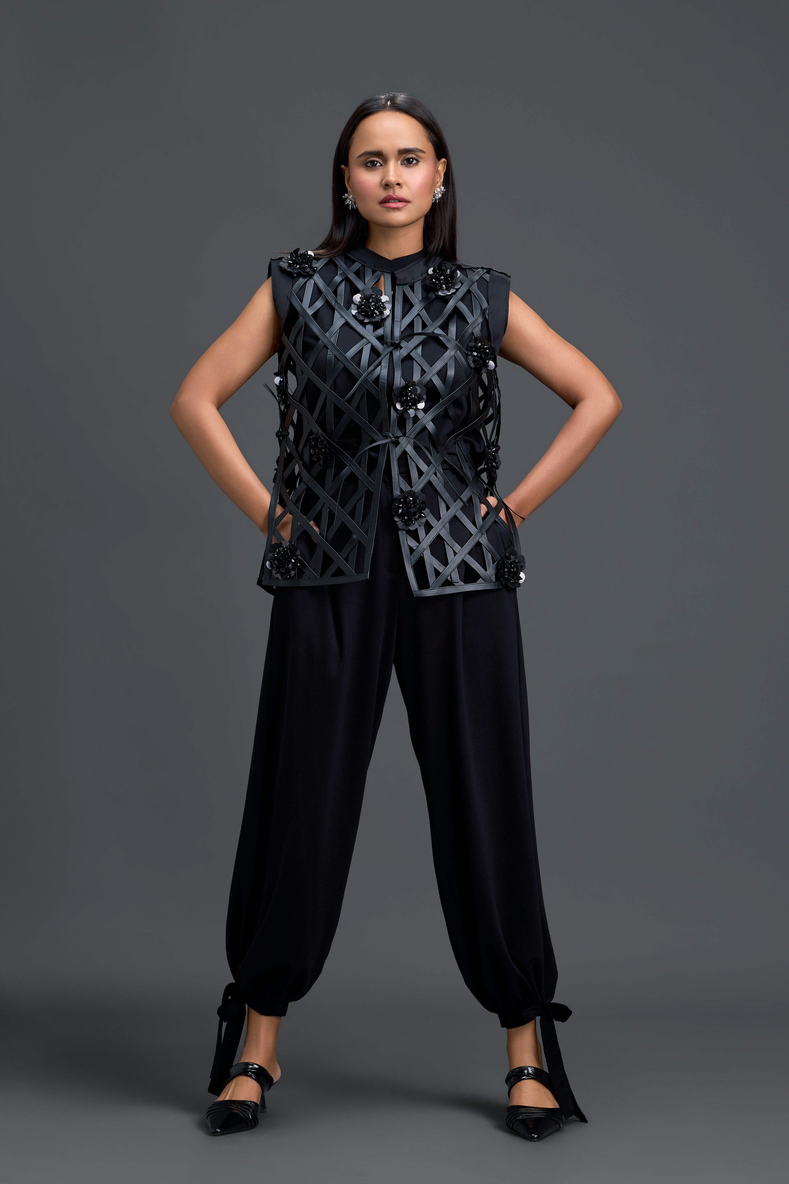 Black Lattice Floral Vest & Tapered Pants