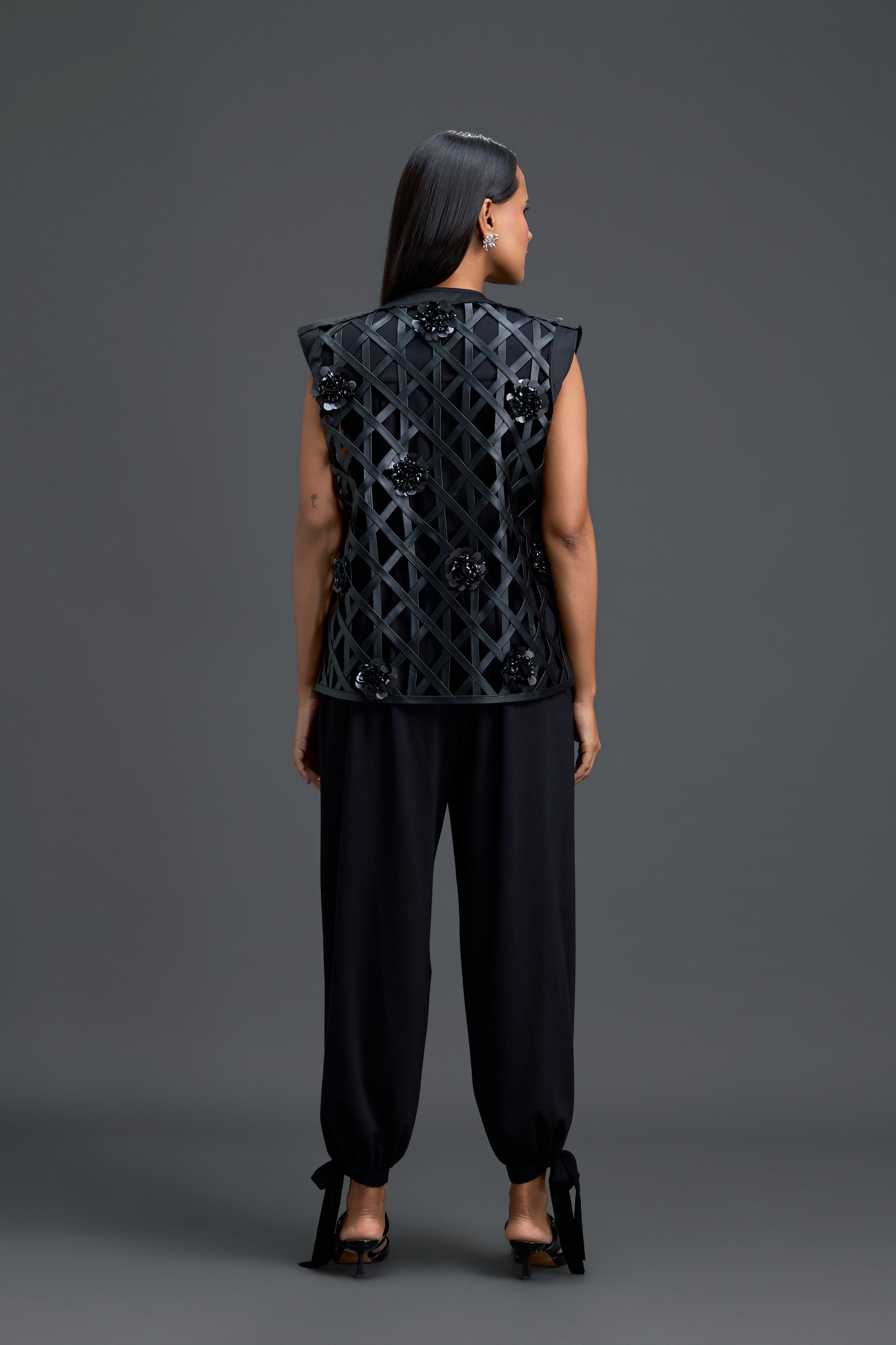 Black Lattice Floral Vest & Tapered Pants