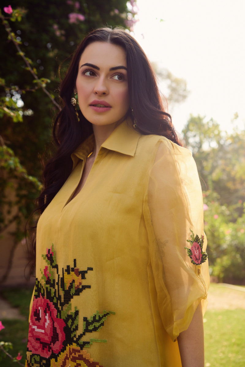 Mustard Organza Cross Stitch Dress