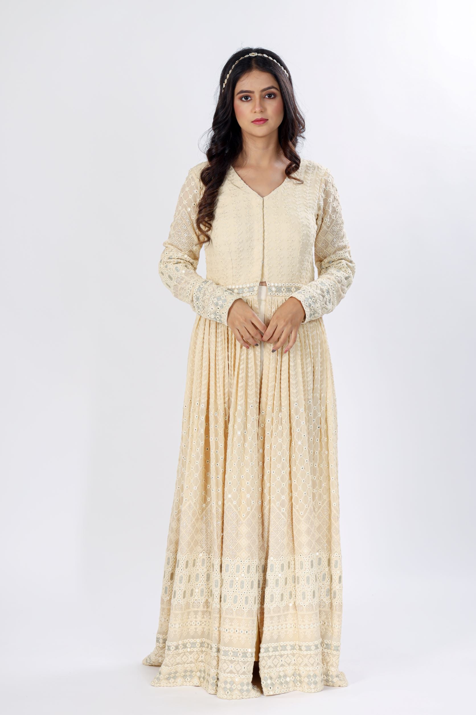 A Jacket Styled High Slit Gown With Cigarette Pants