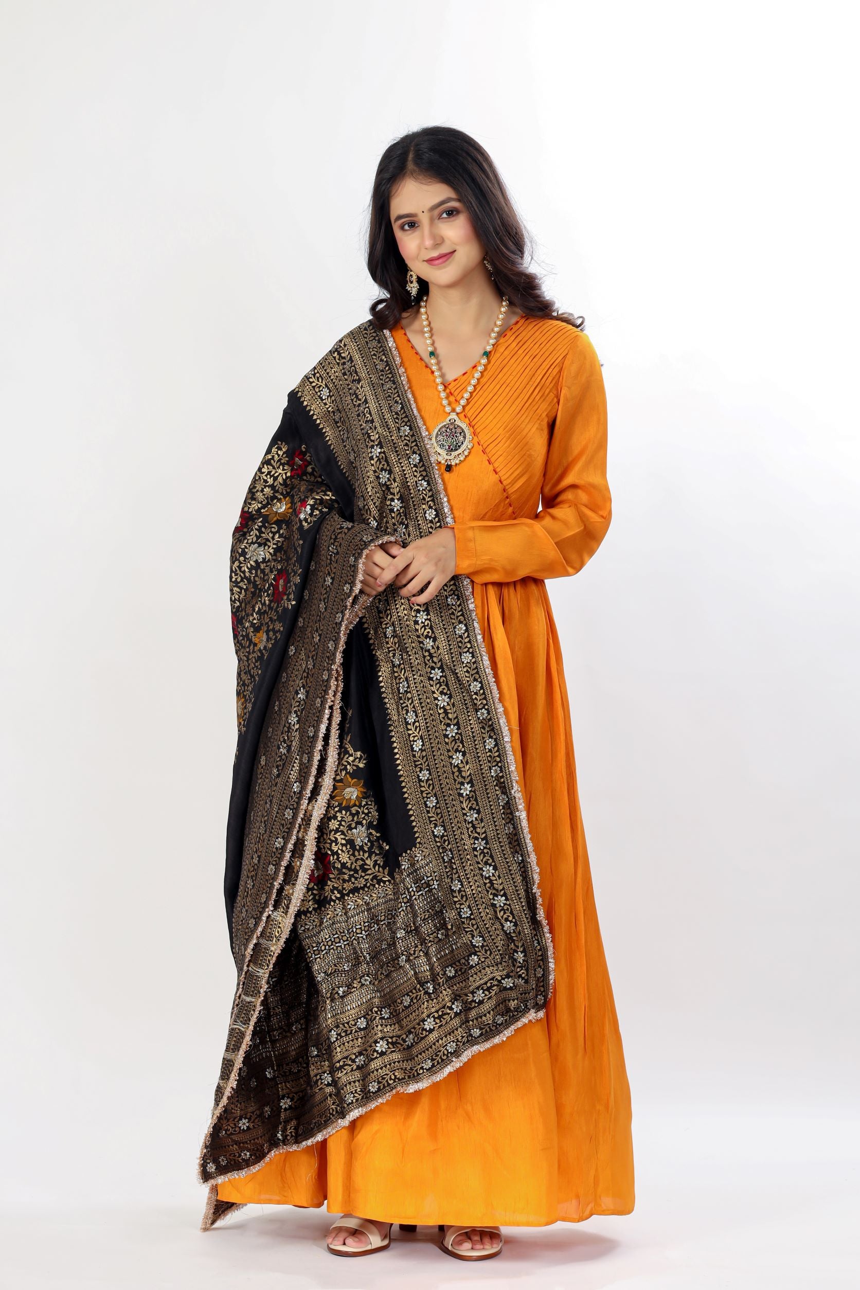 Angrakha Kurta With Pant And Contrast Dupatta
