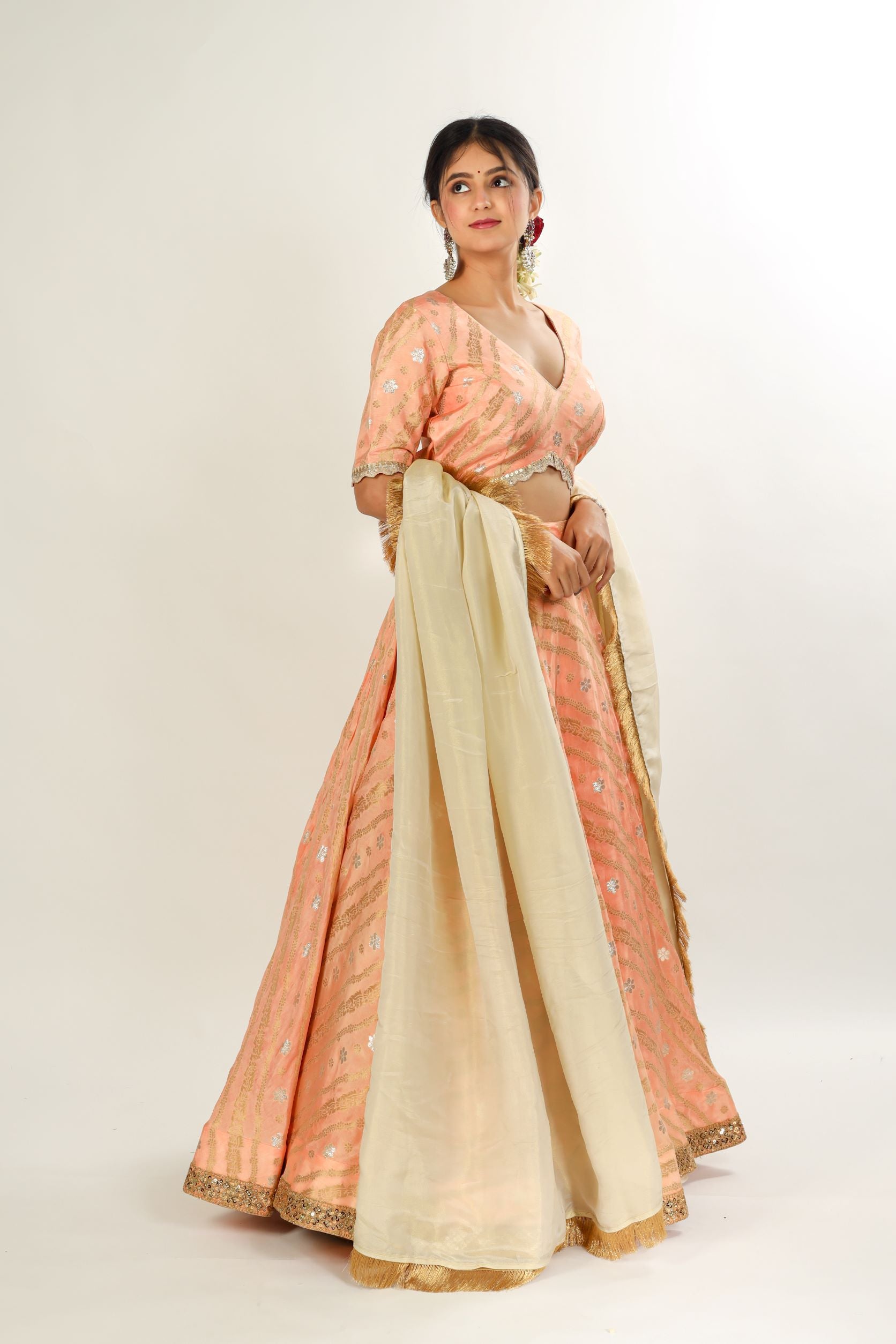 Peach Lehanga Choli With Organza Dupatta