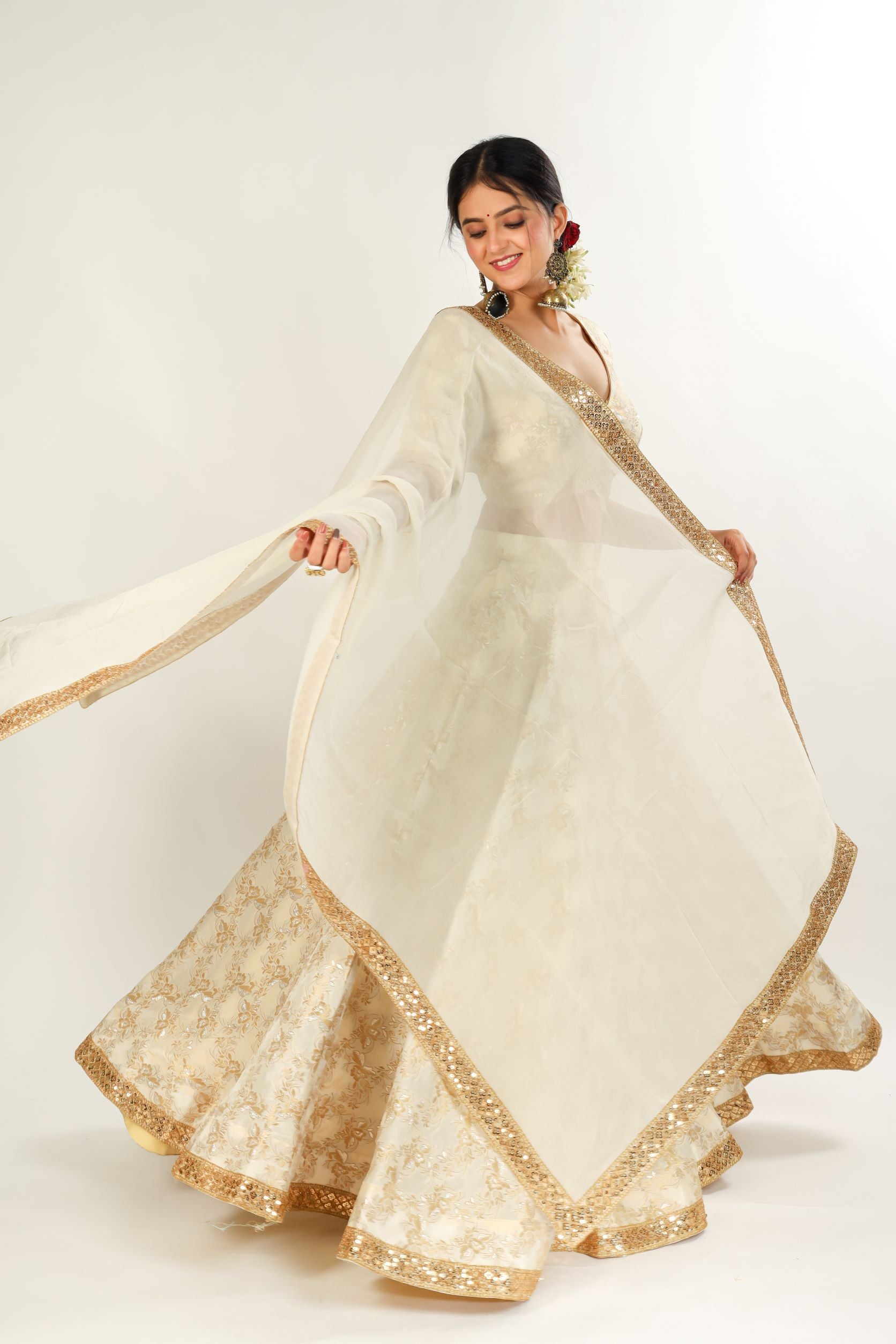 Ivory Gold Jamdani Silk Lehenga Set