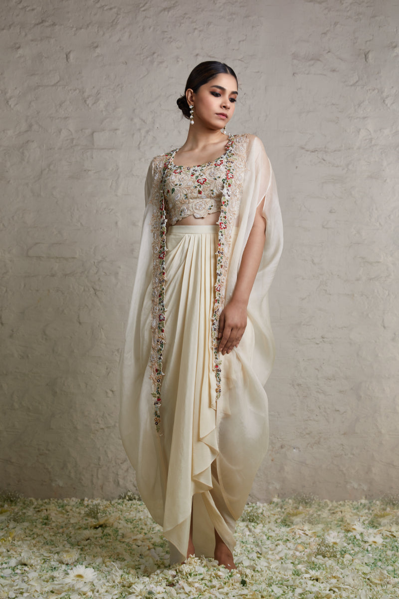 Silk Blouse With Crepe Dhoti And Oranza Cape