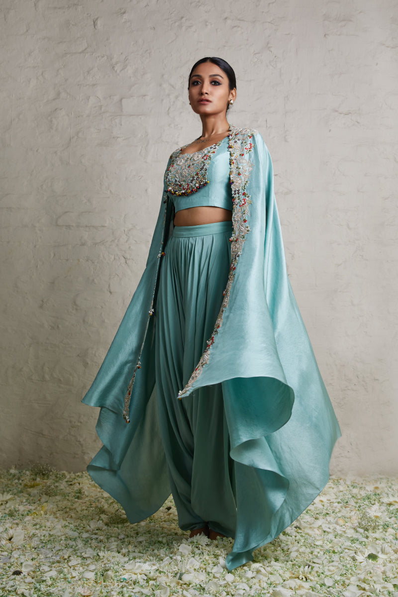 Silk Blouse With Silk Jacket And Crepe Dhoti
