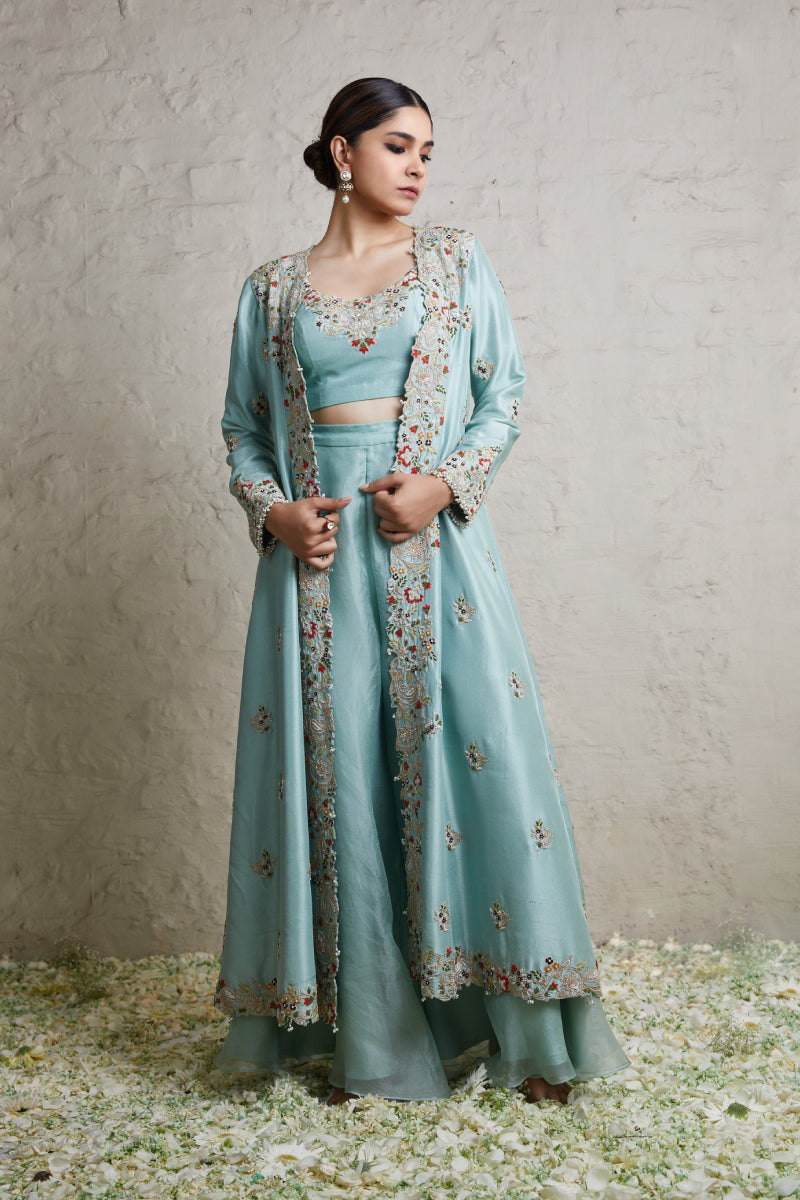 Silk Blouse With Silk Jakcet And Organza Sharara