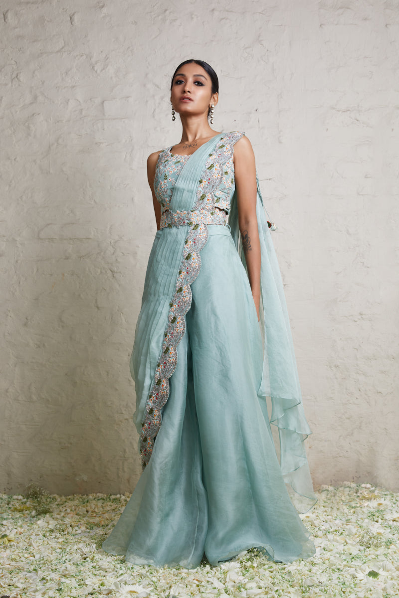 Silk Blouse With Organza Drape And Organza Sharara