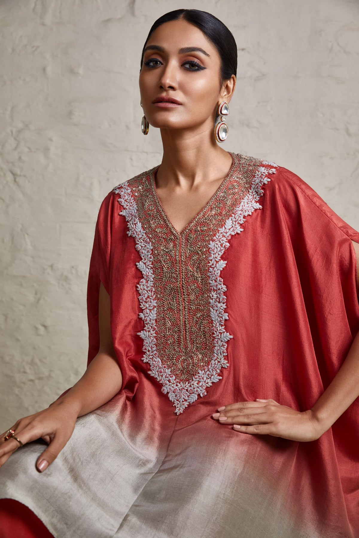 Silk Ombre Kaftaan With Cotton Satin Asyemmetric Pant