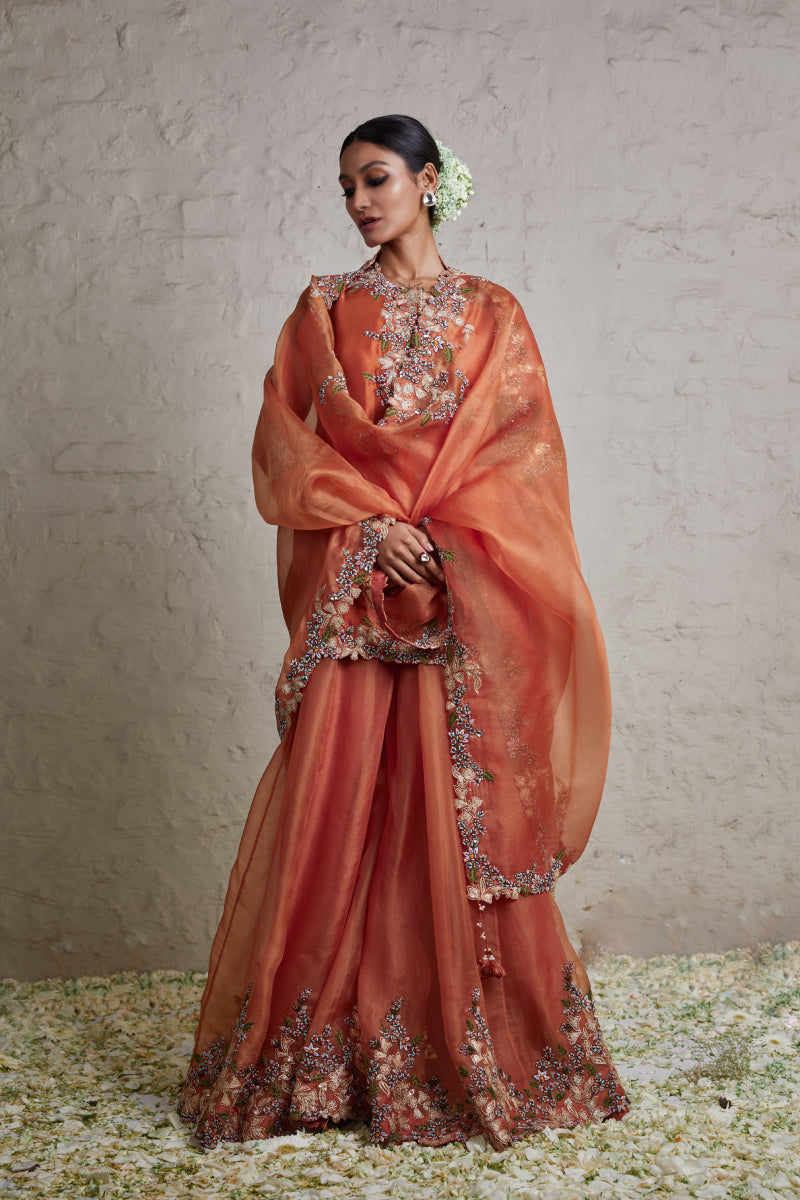 Silk Kurta With Organza Sharara And Organza Dupatta