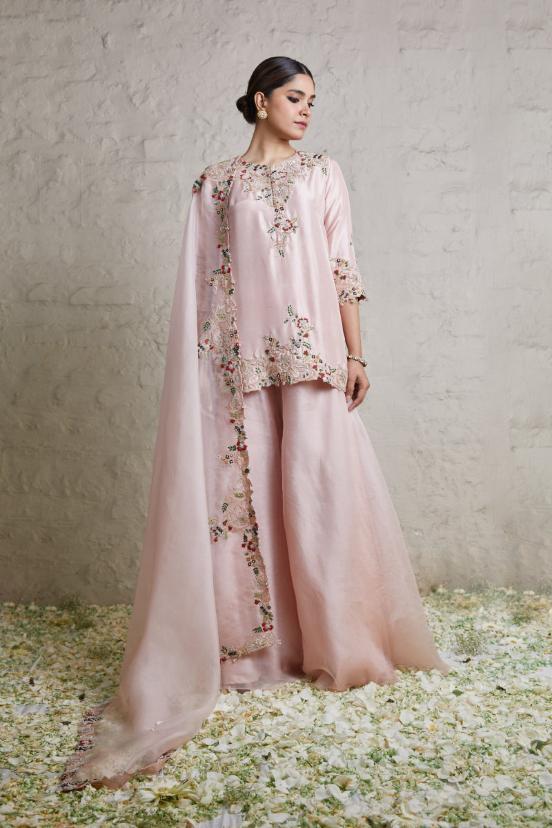 Silk Kurta With Organza Sharara And Organza Dupatta