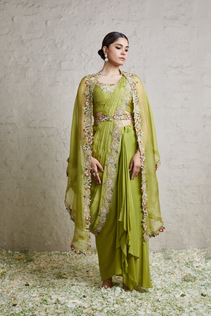 Silk Blouse With Organza Drape And Organza Cape With Crepe Dhoti