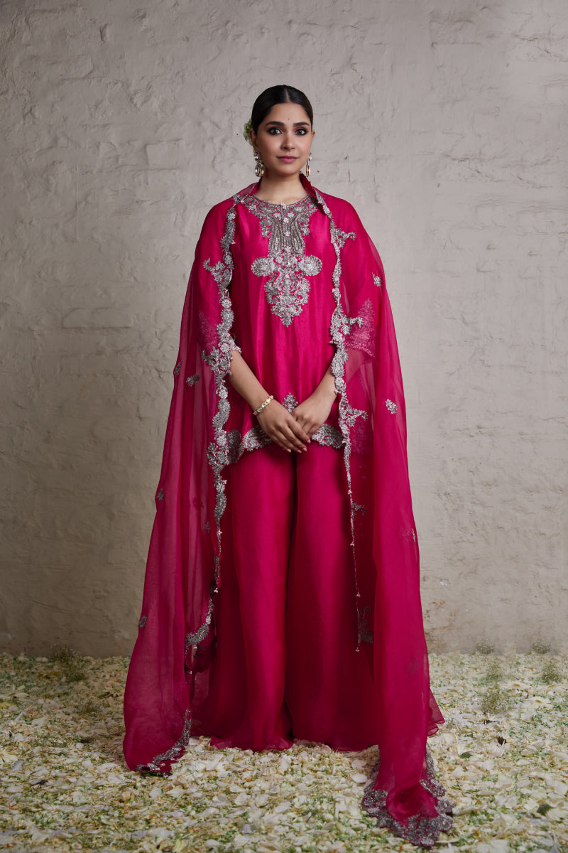 Silk Kurta With Organza Sharara And Organza Dupatta