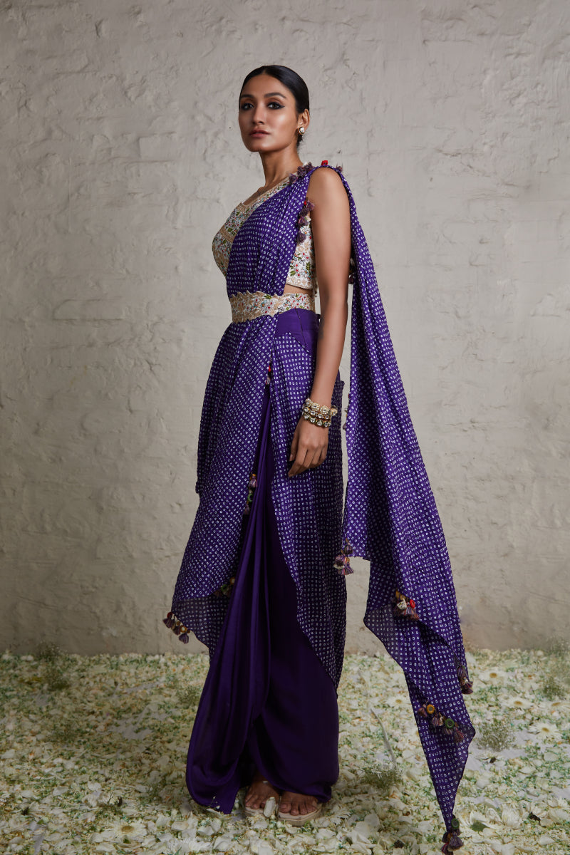 Silk Blouse With Bandhej Skirt And Drape