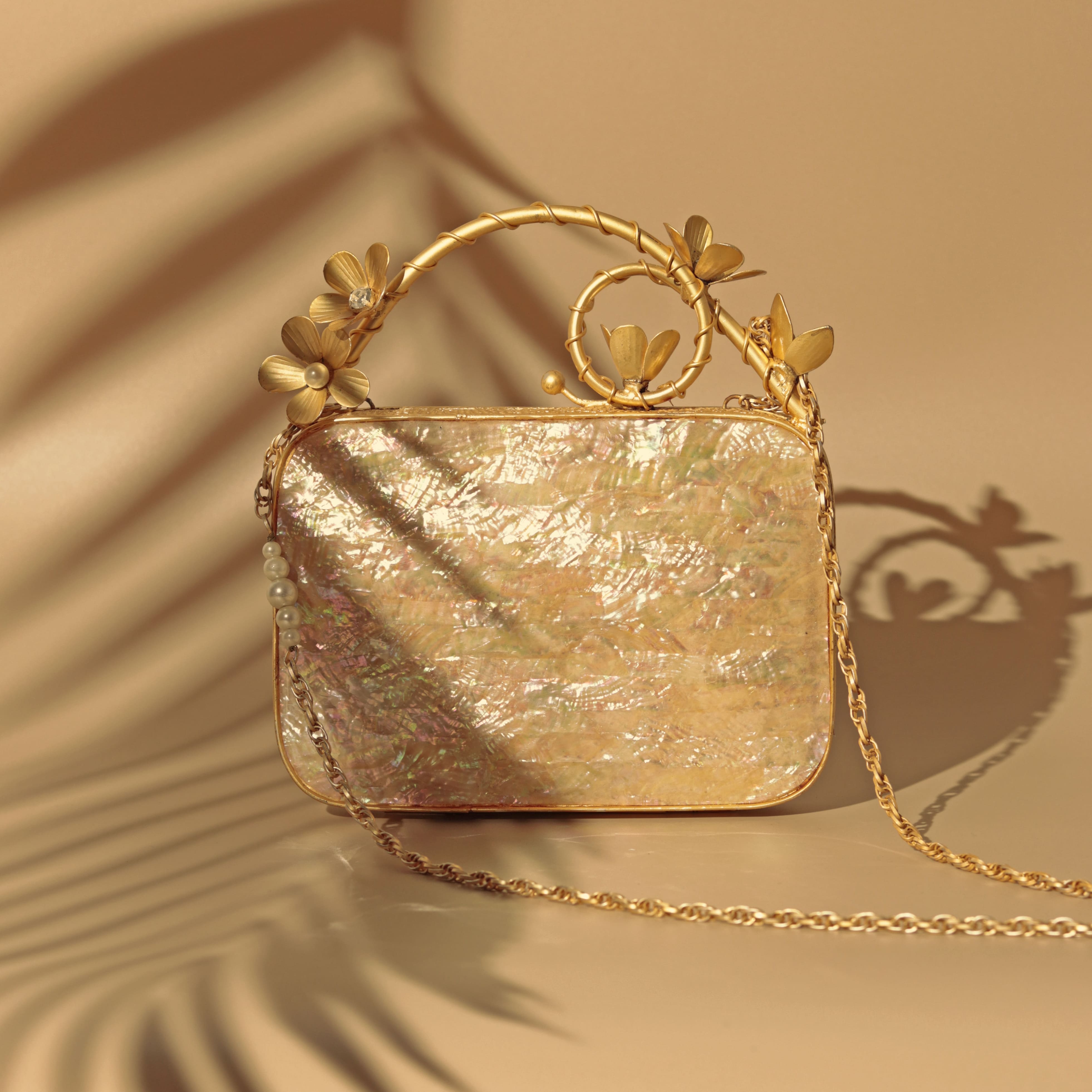 THE TAN CLAN Naira Mother of Pearl Clutch with Brass Embellished Handle