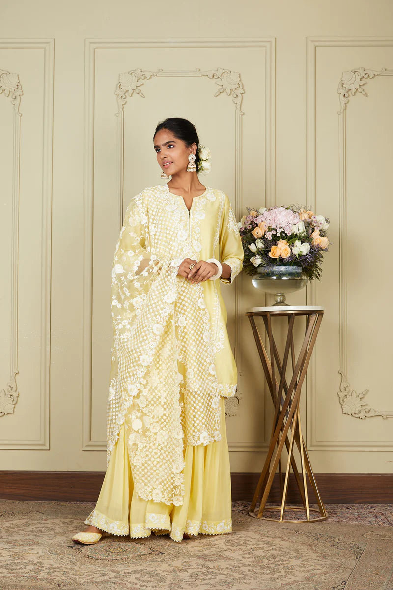 Nargis Lemon Yellow Short Kurta With Garara And Dupatta