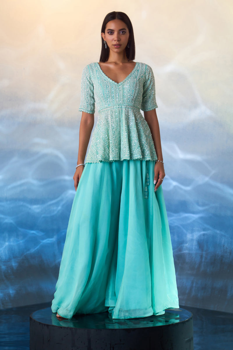 Mint Green Peplum Organza Sharara