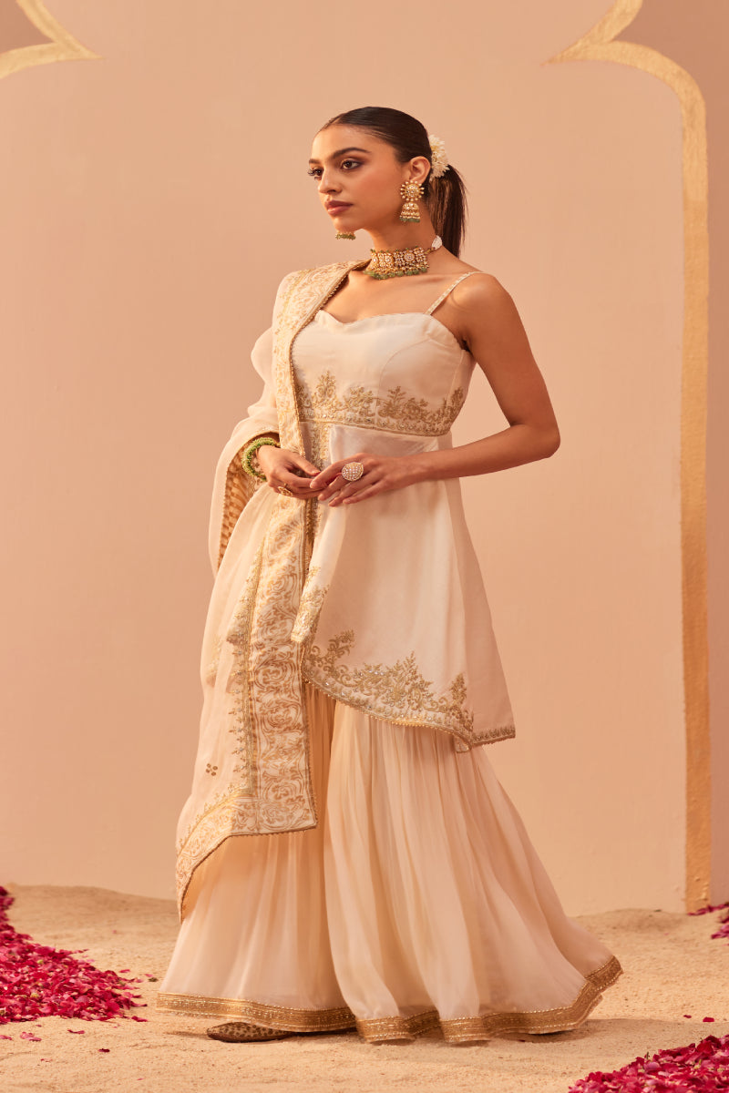 Tahira- Short High-Low Kurta With Garara And Dupatta