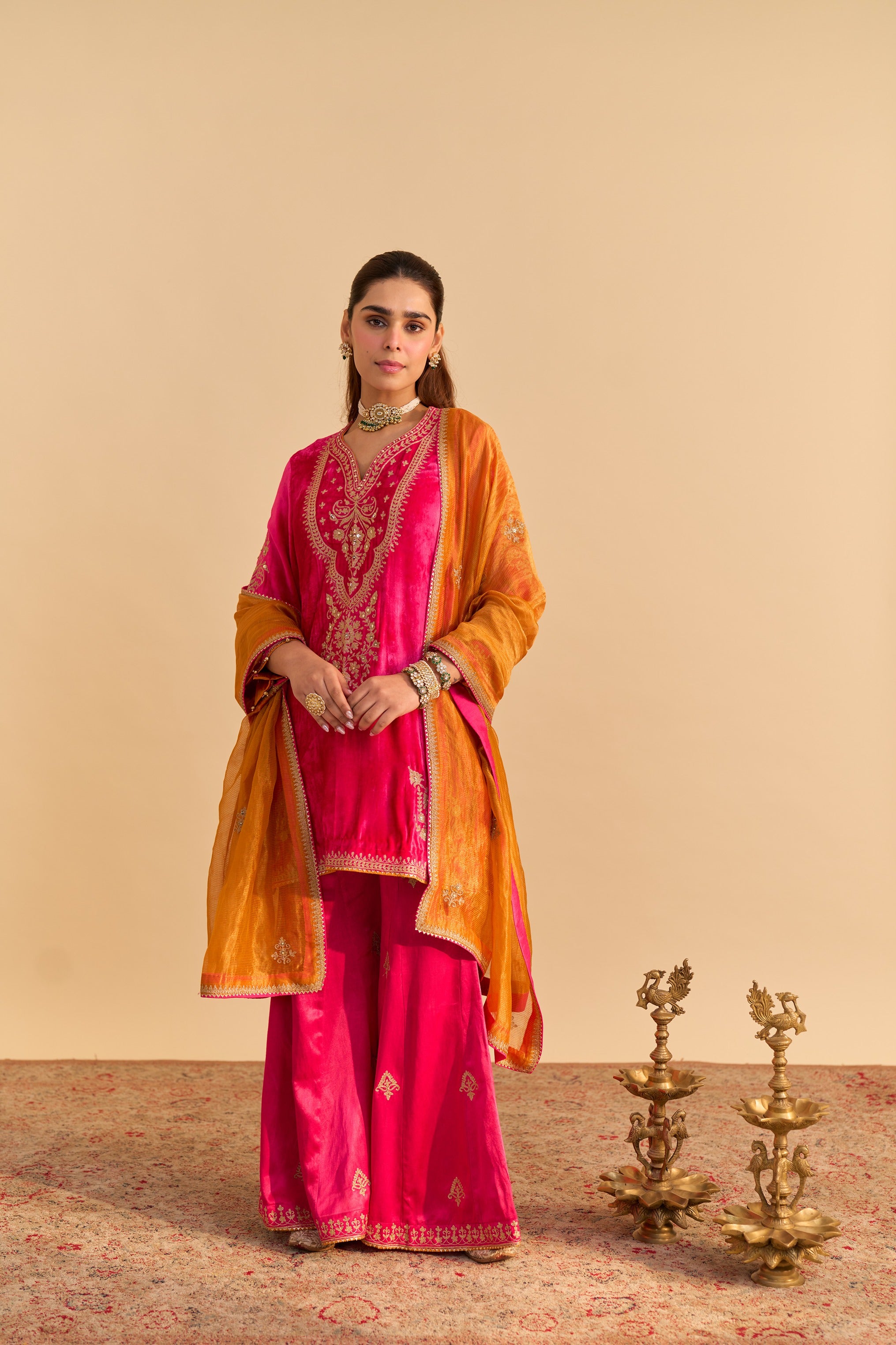 Nooren - Hotpink Kurta with Flared Palazzo and Dupatta