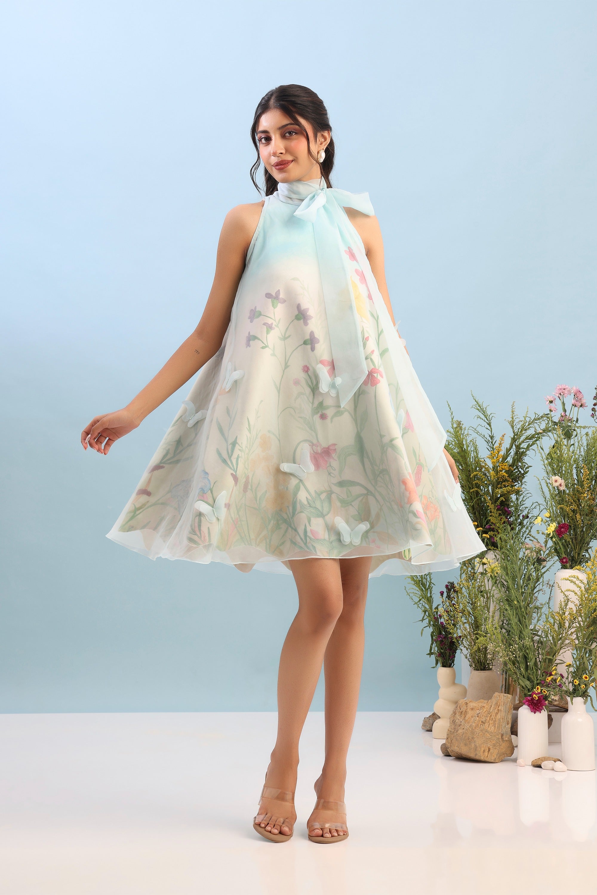 SHORT PRINTED DRESS WITH ORGANZA OVERLAY