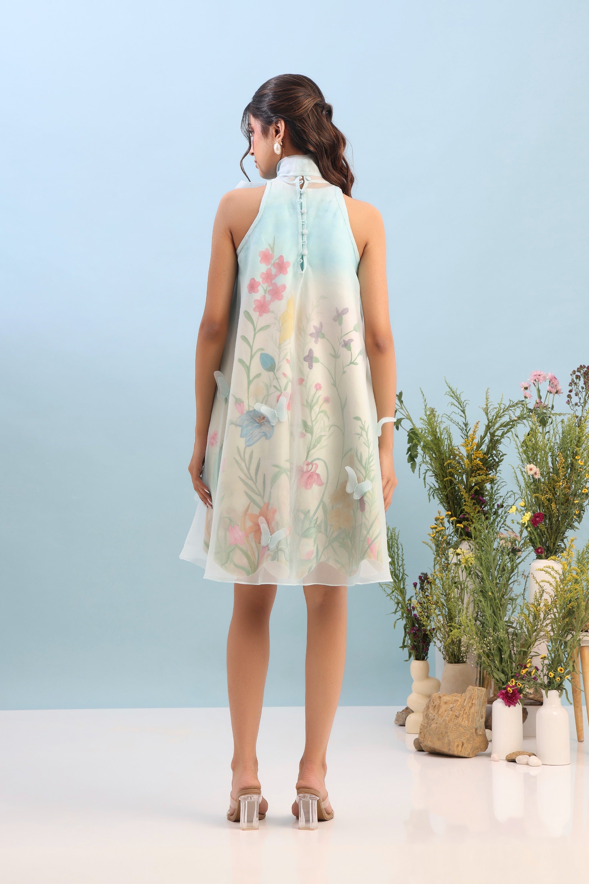 SHORT PRINTED DRESS WITH ORGANZA OVERLAY