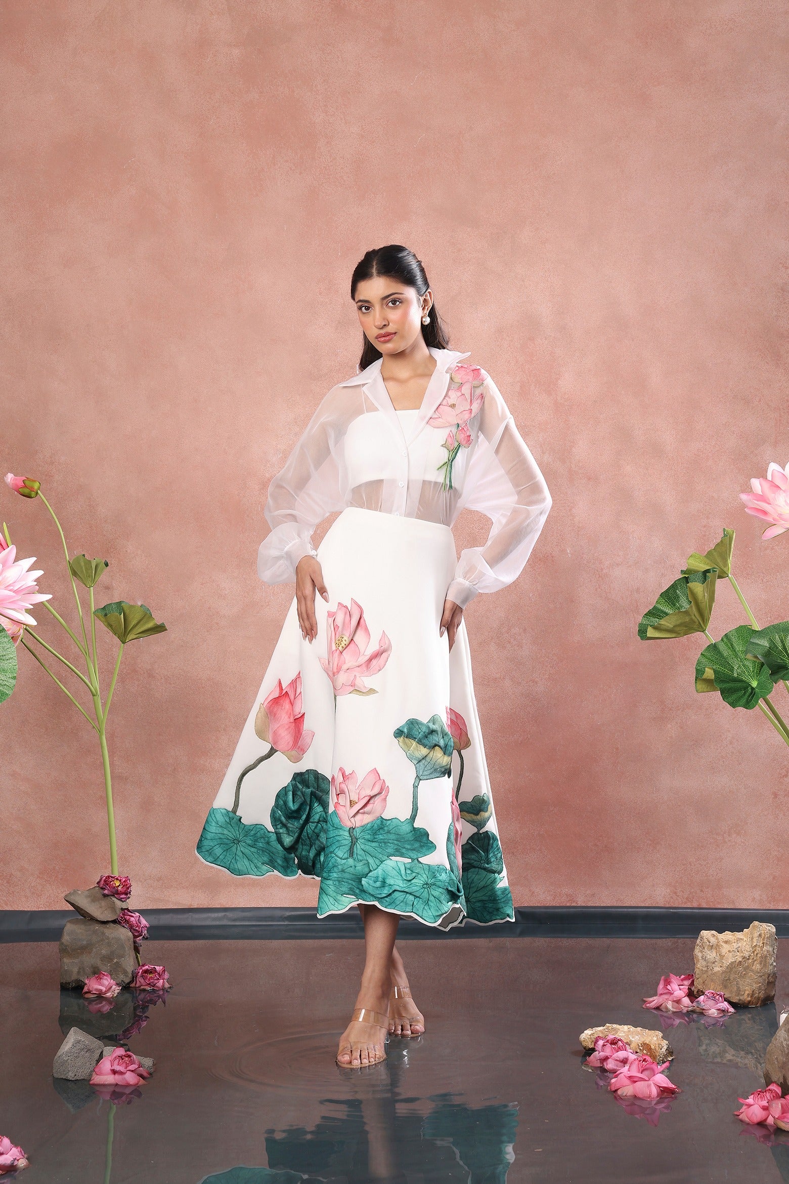 PRINTED SKIRT WITH TUBE TOP WITH SHEER SHIRT