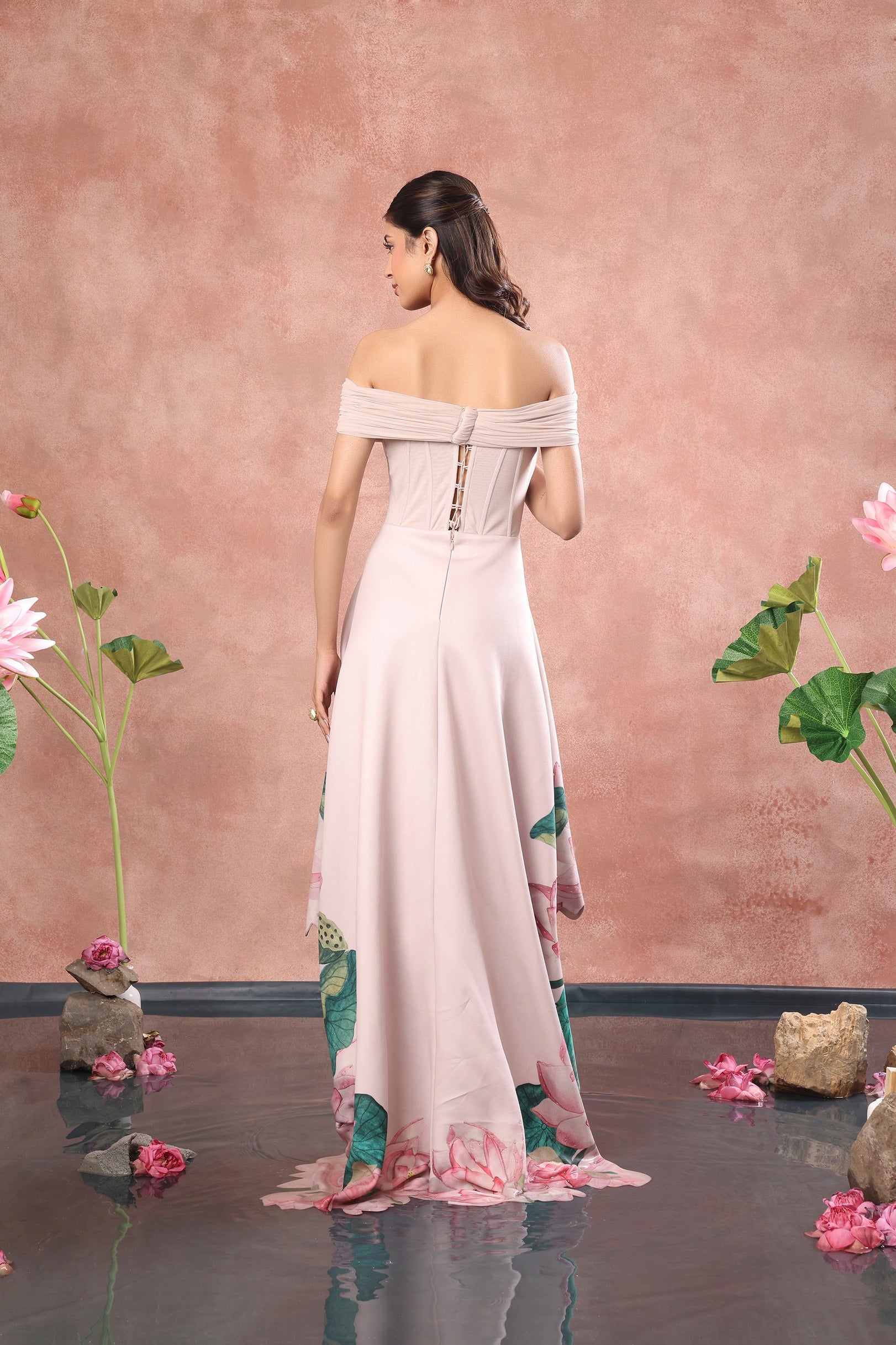 CORSET PRINTED HIGH LOW NEOPRENE DRESS WITH NET WRAP