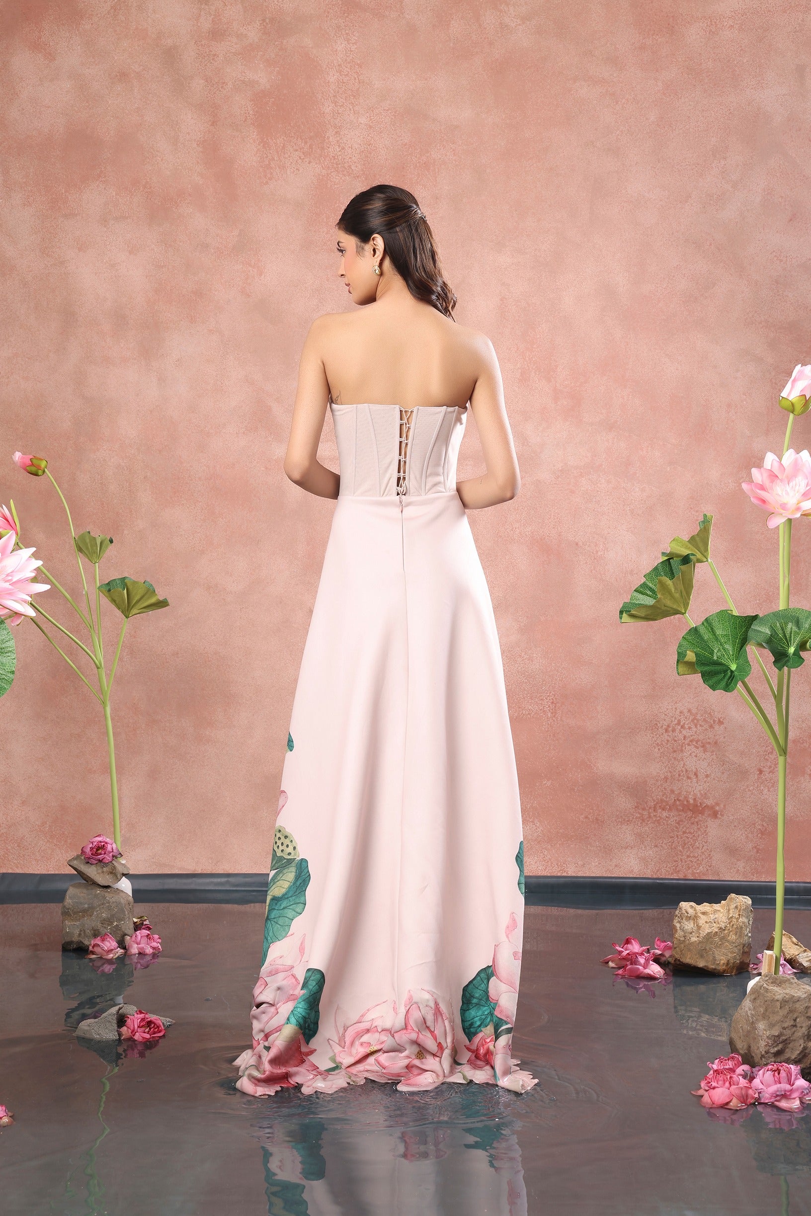 CORSET PRINTED HIGH LOW NEOPRENE DRESS