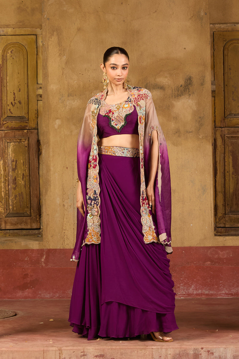 Ruhani Draped Lehenga Set In Plum