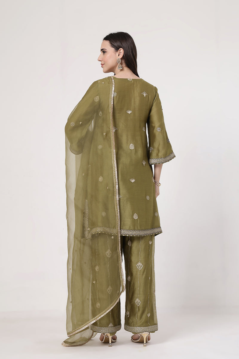 Olive Green Embroidered Suit Set