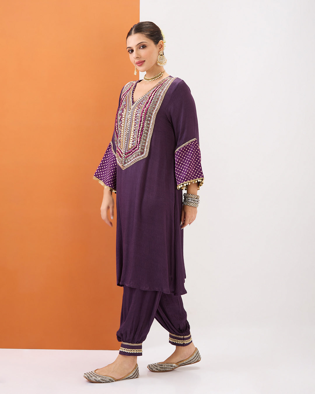 Purple Kurta with Bandhani Detailing & Gathered Pant Set