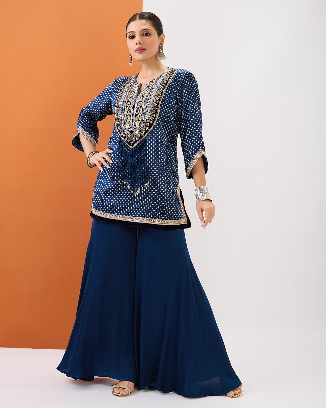 Indigo Blue Bandhani Print Short Kurta & Sharara Set