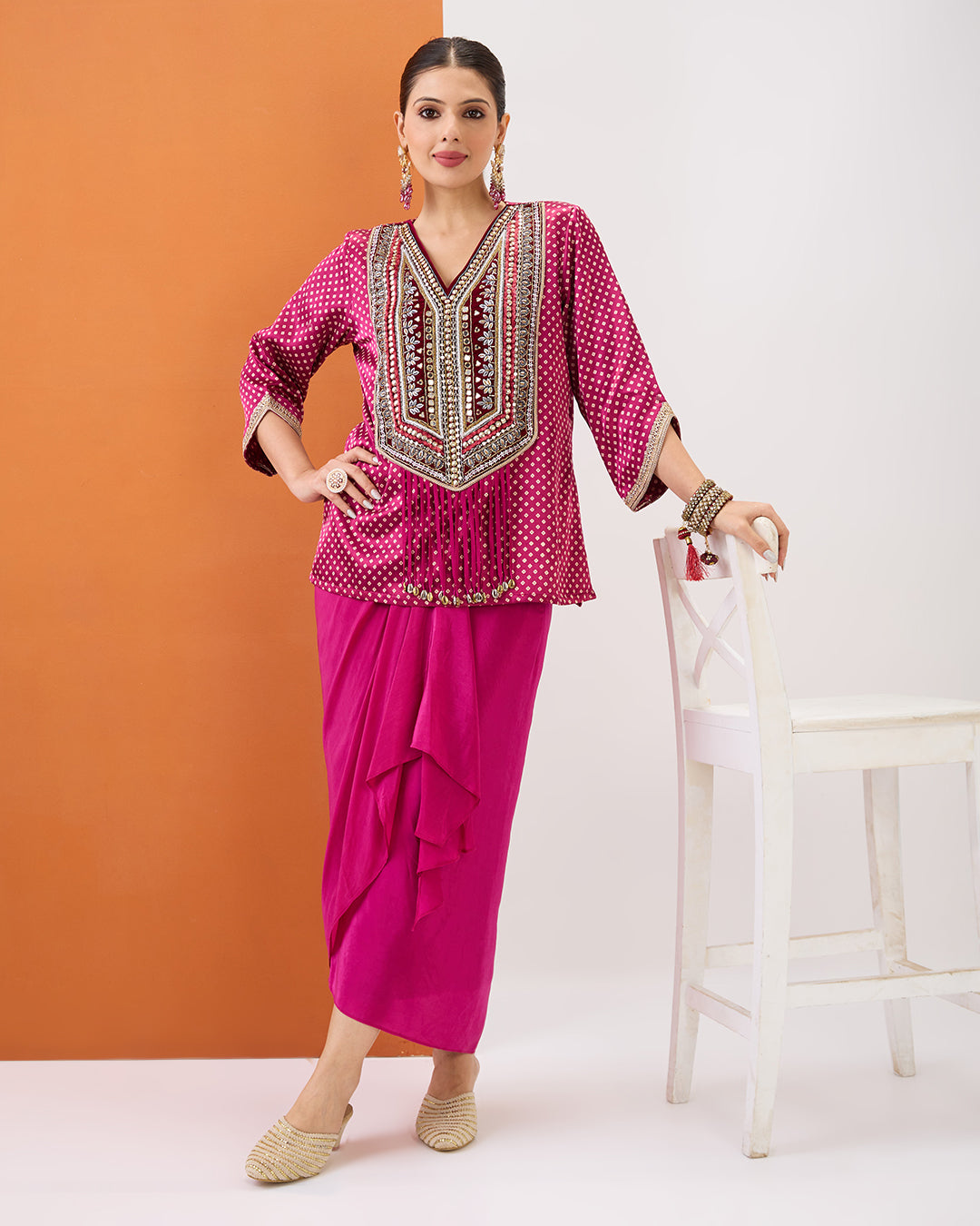 Magenta Pink Bandhani Short Top & Draped Skirt Set