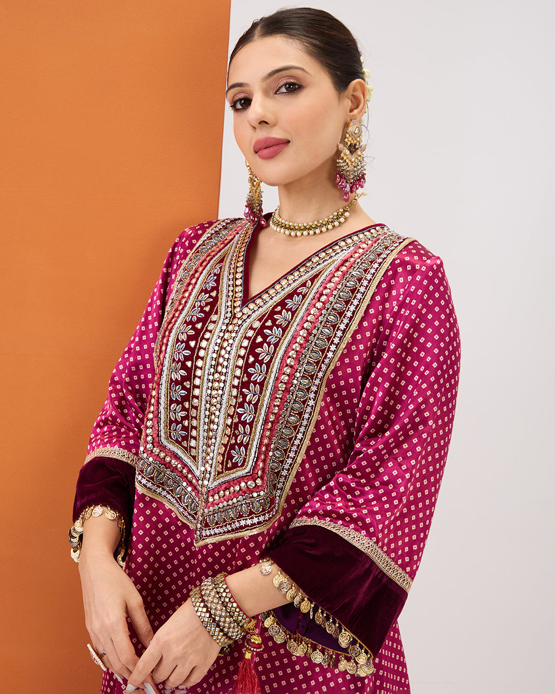 Magenta Pink Bandhani Kurta & Dhoti Pant Set
